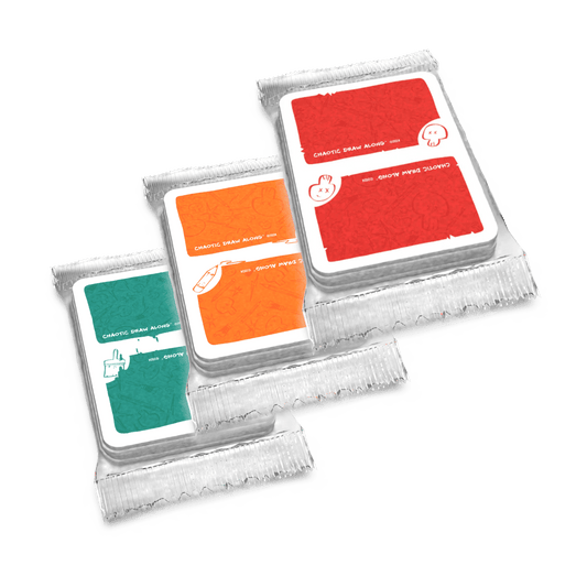 Booster packs for Chaotic Draw Along deck, featuring Red Card Booster pack, Orange Card Booster pack and Green Card Booster pack.