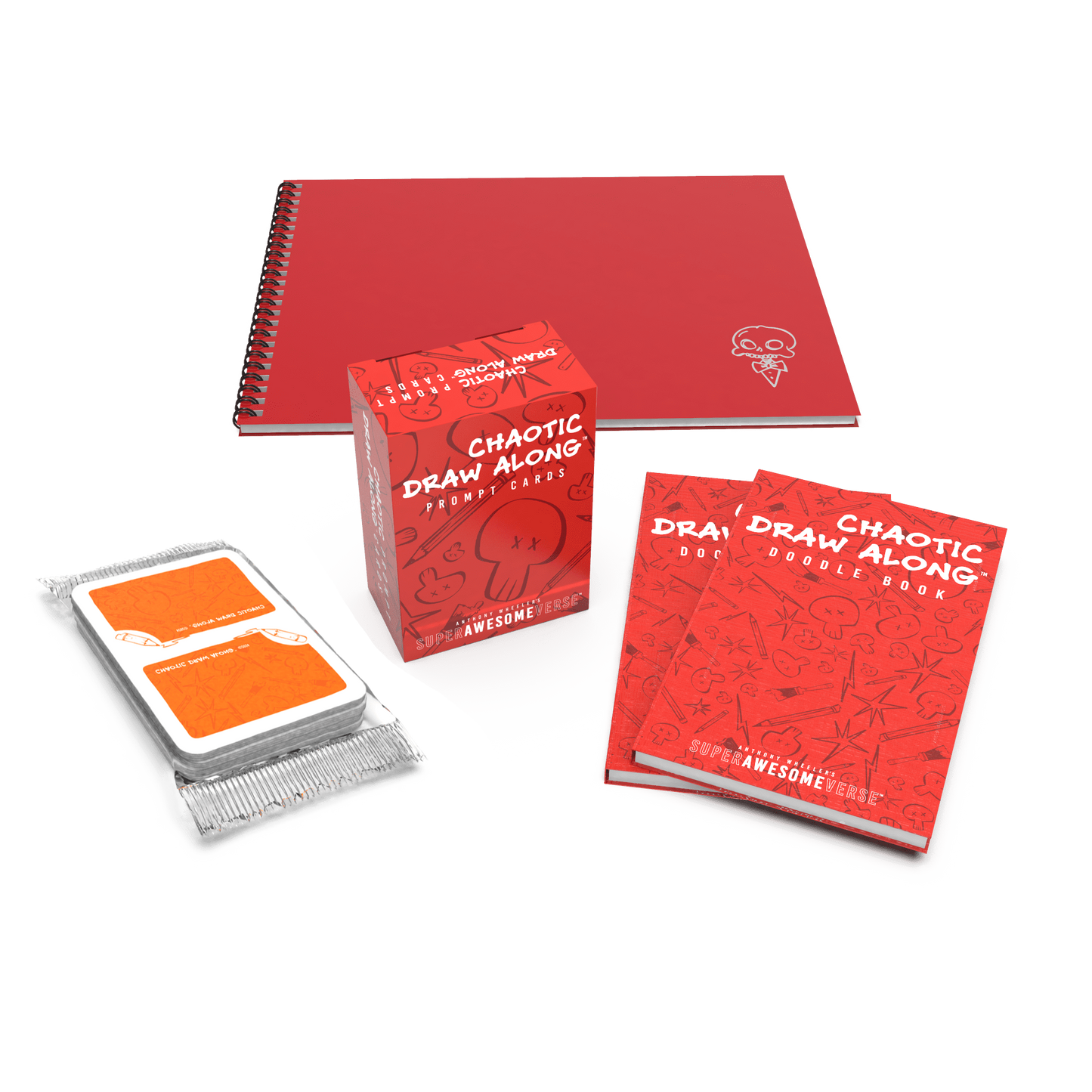 Chaos Pack bundle featuring a red spiral sketchbook, Chaotic Draw Along prompt cards, doodle books, and booster cards, arranged neatly in an inviting display.