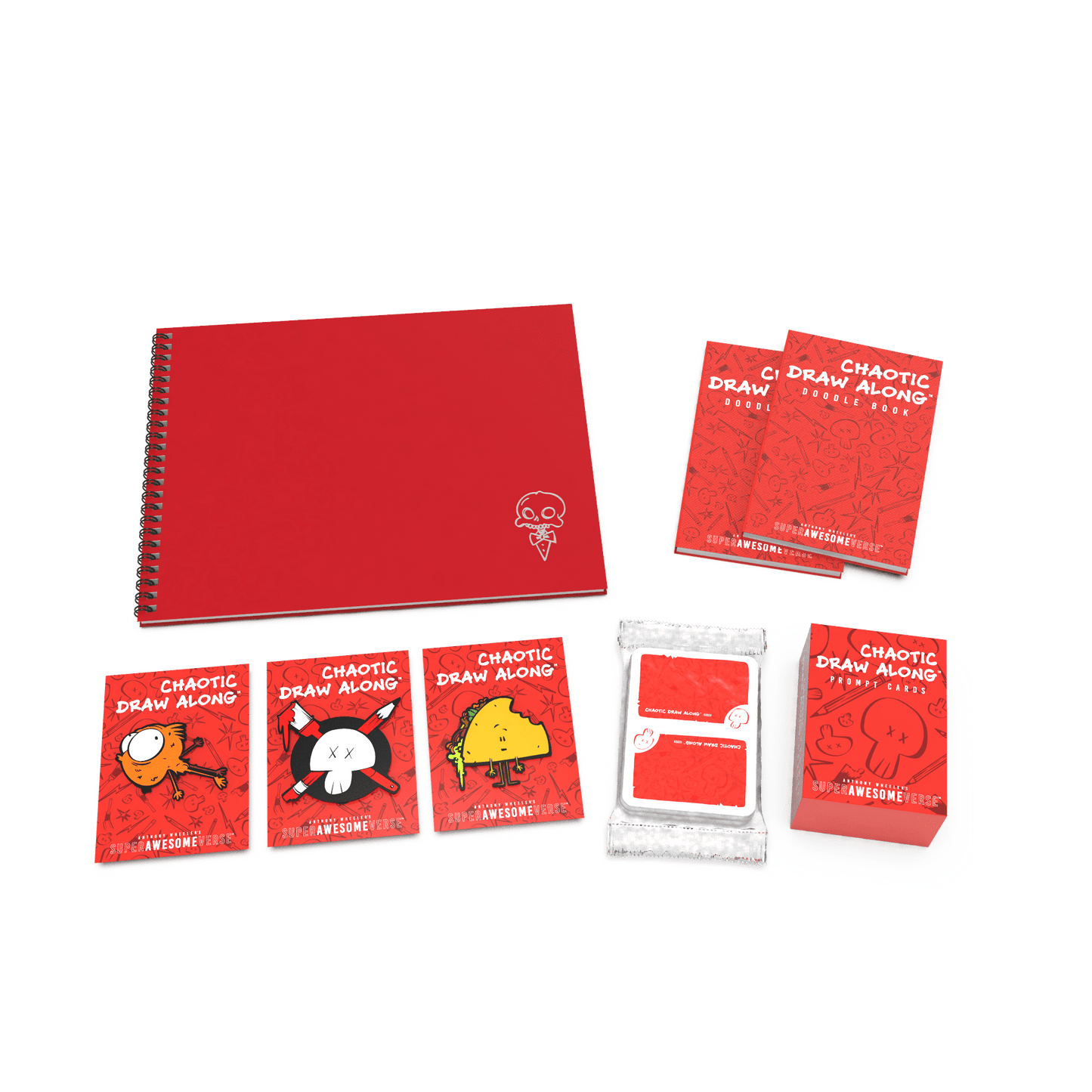 Deluxe Chaos Pack featuring a red sketchbook, Chaotic Draw Along doodle books, prompt cards, booster cards, and character cards, displayed together in a bundle format.