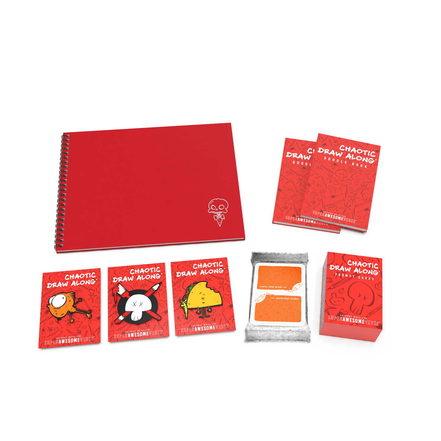 Deluxe Chaos Pack featuring a red sketchbook, Chaotic Draw Along doodle books, prompt cards, booster cards, and character cards, displayed together in a bundle format.
