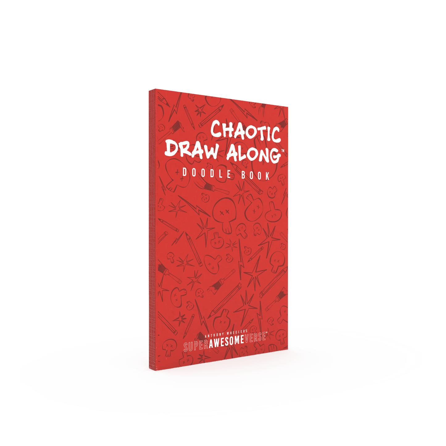 Chaotic Draw Along Doodle Book displayed upright with a vibrant red cover featuring playful illustrations and the Super Awesome branding.