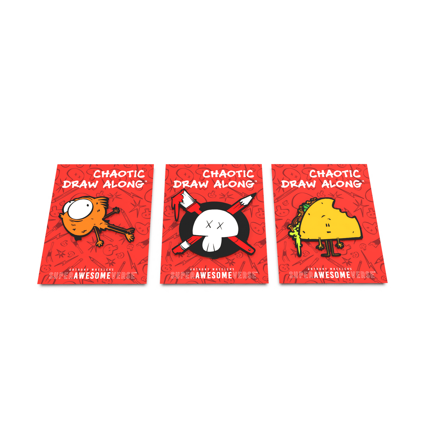 Flat Layout of Enamel Pins: A top-down view of three enamel pins on their backing cards arranged in a row.