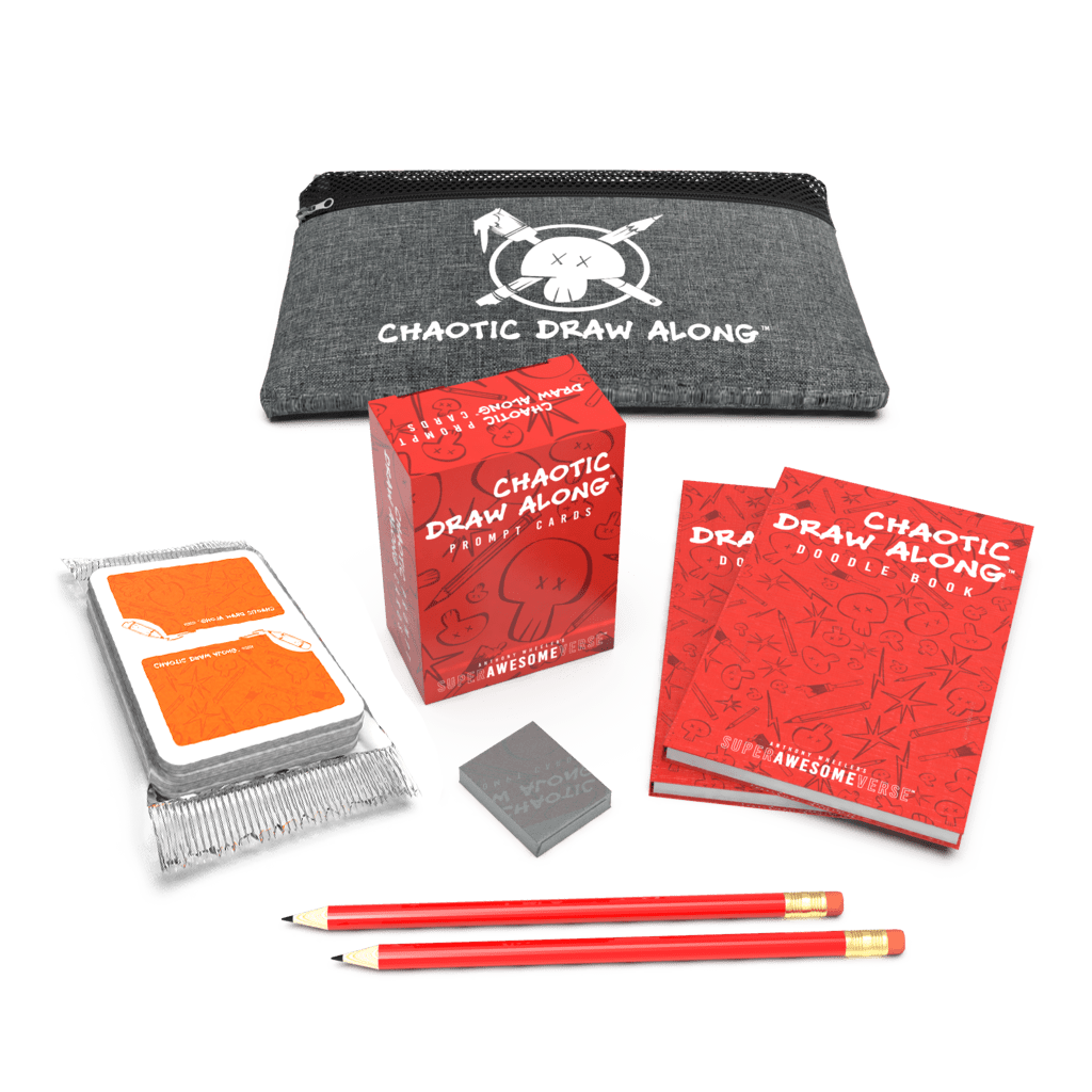 Everything You Need bundle featuring a Chaotic Draw Along branded gray pouch, red prompt cards, doodle books, booster cards, pencils, and an eraser, arranged in a creative and organized layout.
