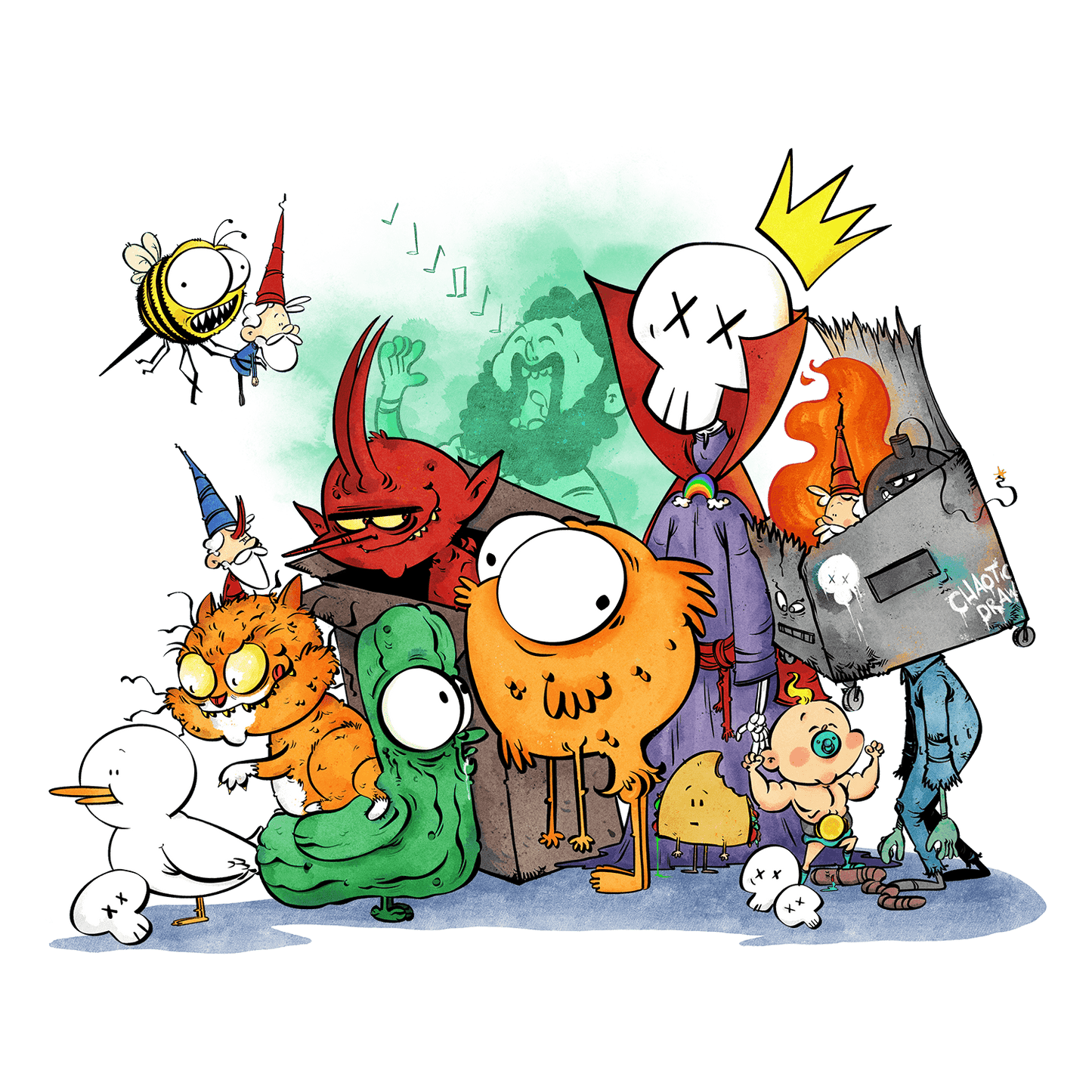 Colorful group illustration featuring whimsical characters, including a skull king with a crown, an orange bird, a mischievous cat, a green pickle, a red devil, and other quirky figures, all gathered in a lively scene.