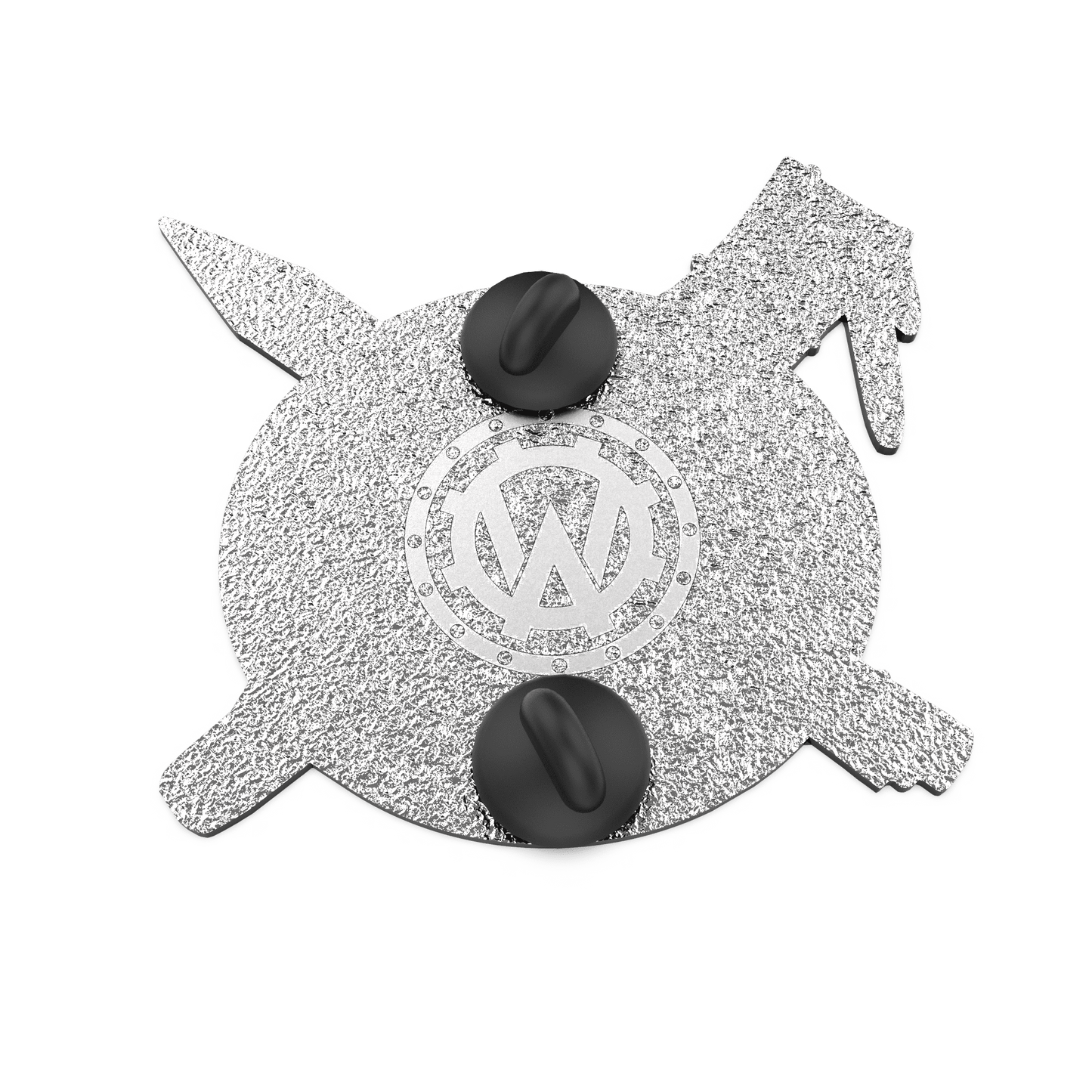 Skelly enamel pin front view, featuring a minimalist white skull and bold red accents, resting on a white surface.