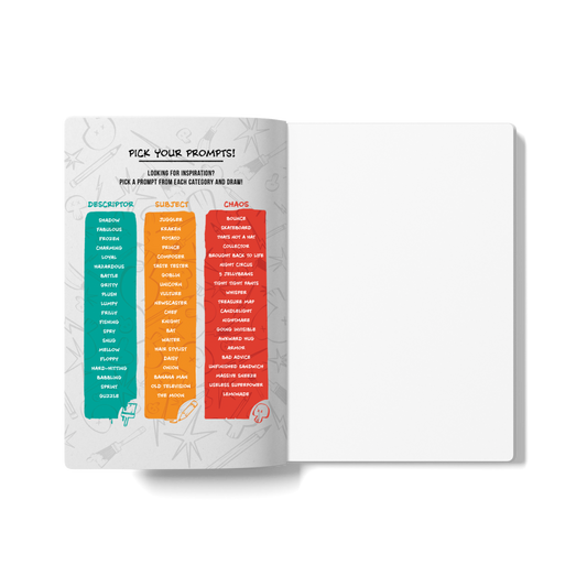 Open sketchbook with a colorful prompt list on the left page and a blank drawing page on the right.