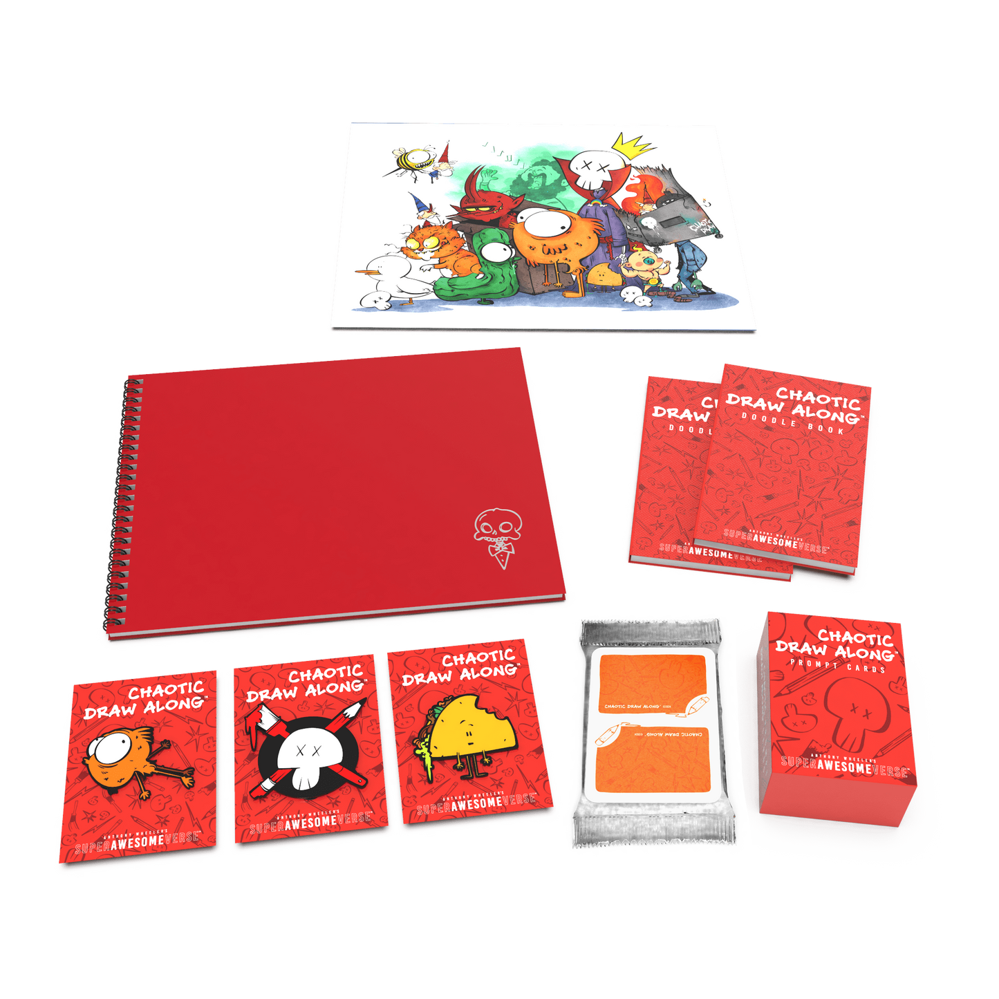 Super Awesome Chaos Pack featuring a red sketchbook, colorful Mega Print, doodle books, character cards, prompt cards, and booster cards, displayed in a comprehensive layout.