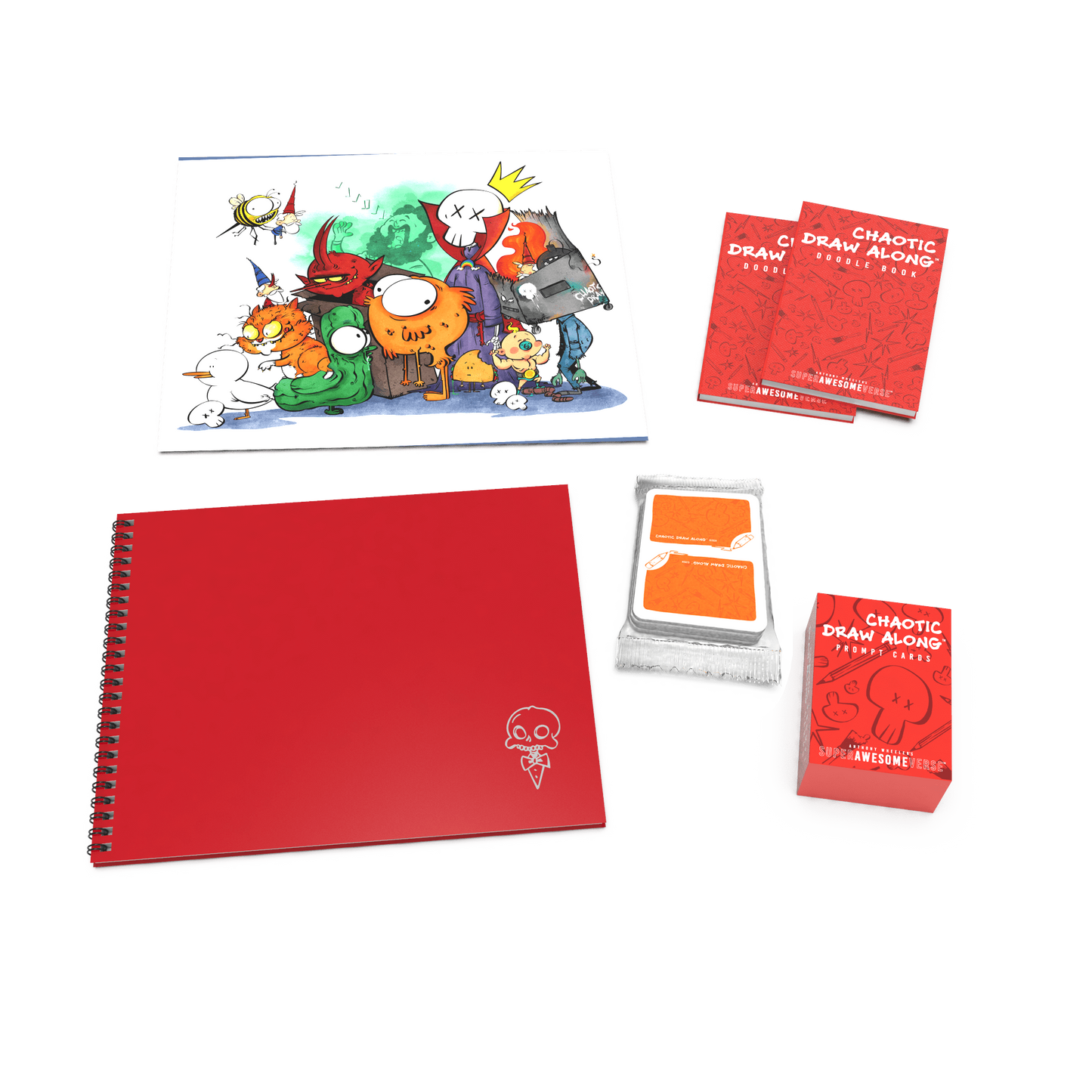 Deluxe Chaos Pack with an additional colorful Mega Print showcasing the characters, alongside a red sketchbook, doodle books, and prompt and booster cards.