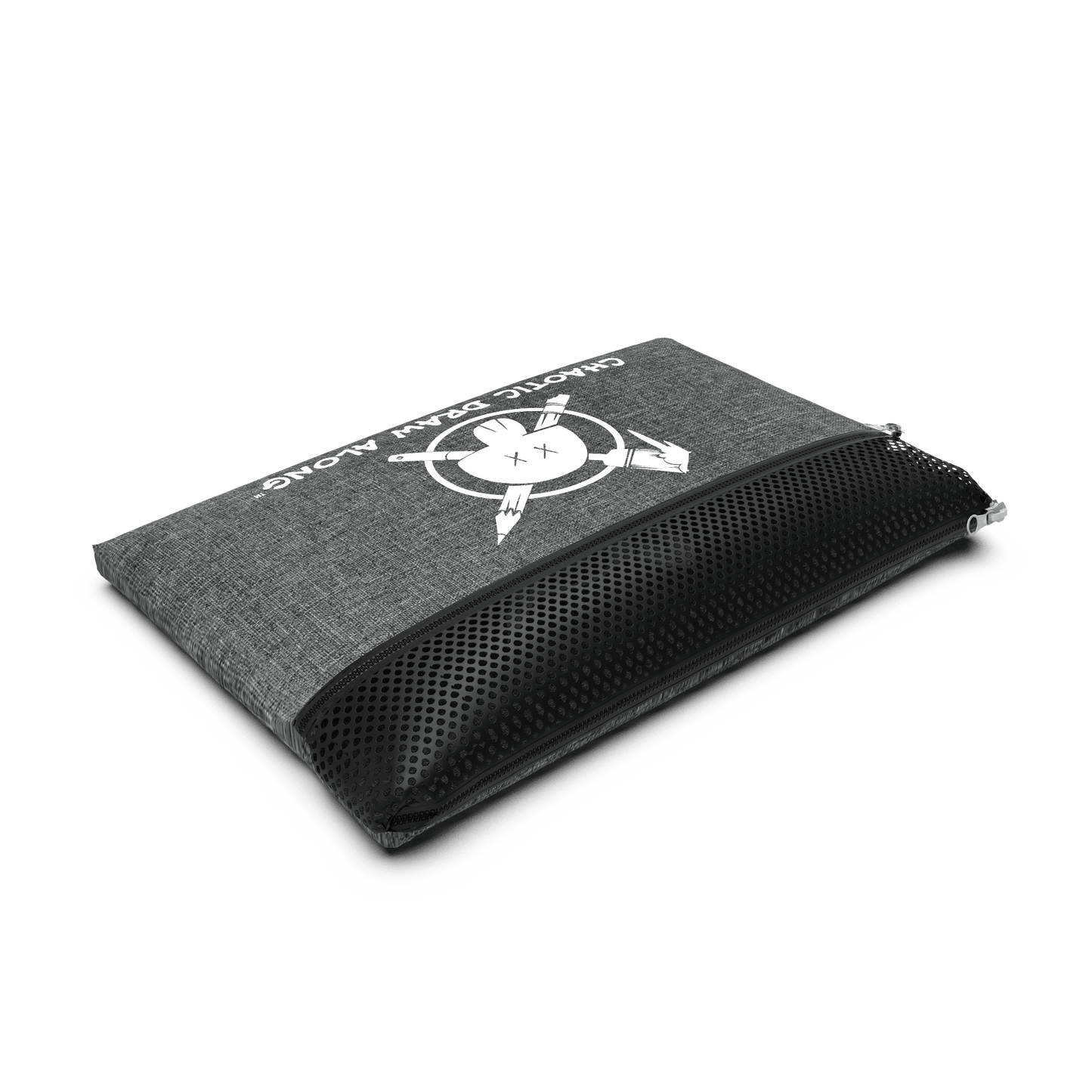 Flat view of the Chaotic Draw Along tote bag, highlighting the durable fabric, mesh zipper detail, and creative logo.