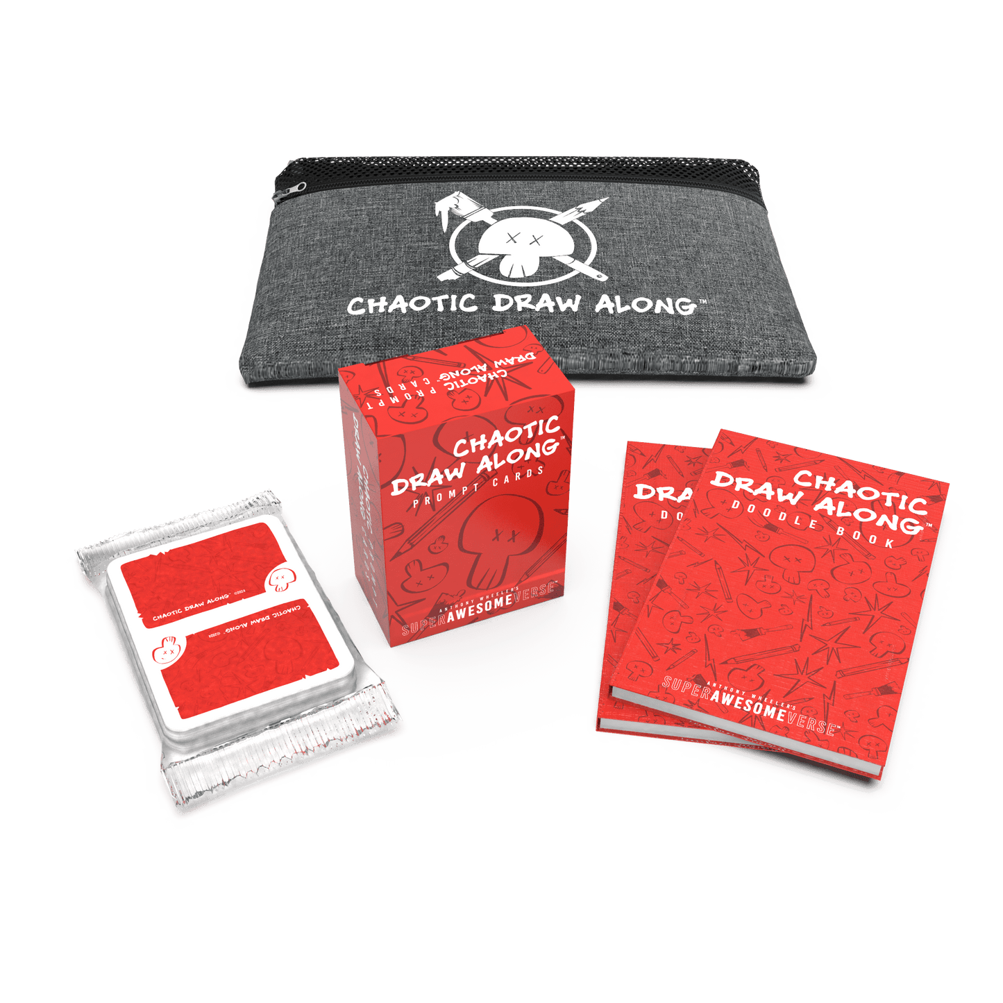 Travel Chaos Pack featuring a gray tote bag with the Chaotic Draw Along logo, prompt cards, doodle books, and booster cards arranged compactly.