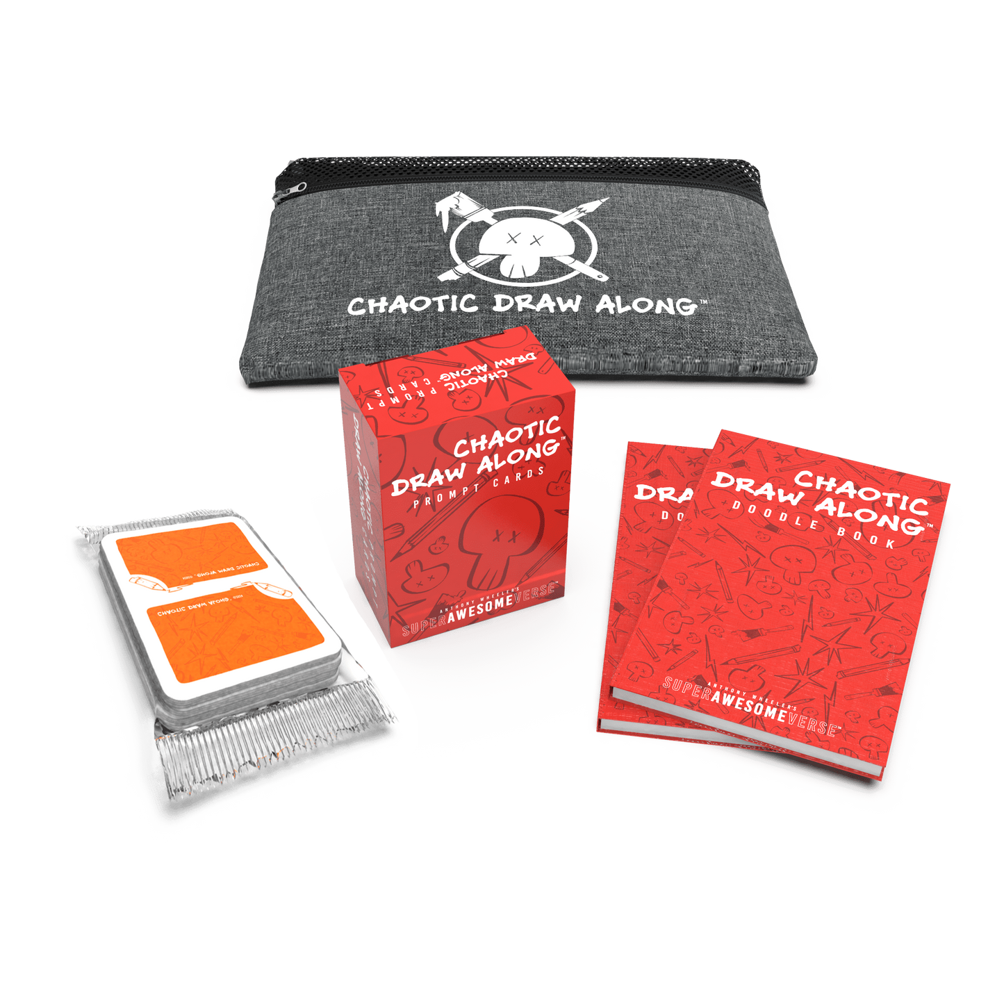 Travel Chaos Pack featuring a gray tote bag with the Chaotic Draw Along logo, prompt cards, doodle books, and booster cards arranged compactly.