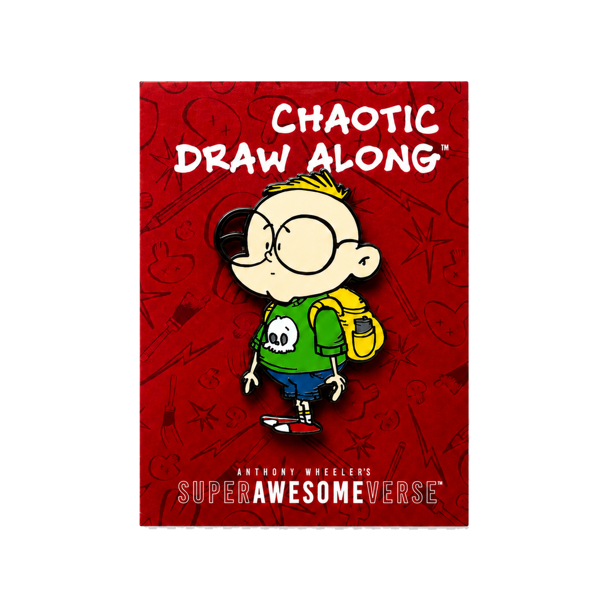 Front view of the Chaotic Draw Along enamel pin displayed on a red backing card with SuperAwesomeVerse branding.