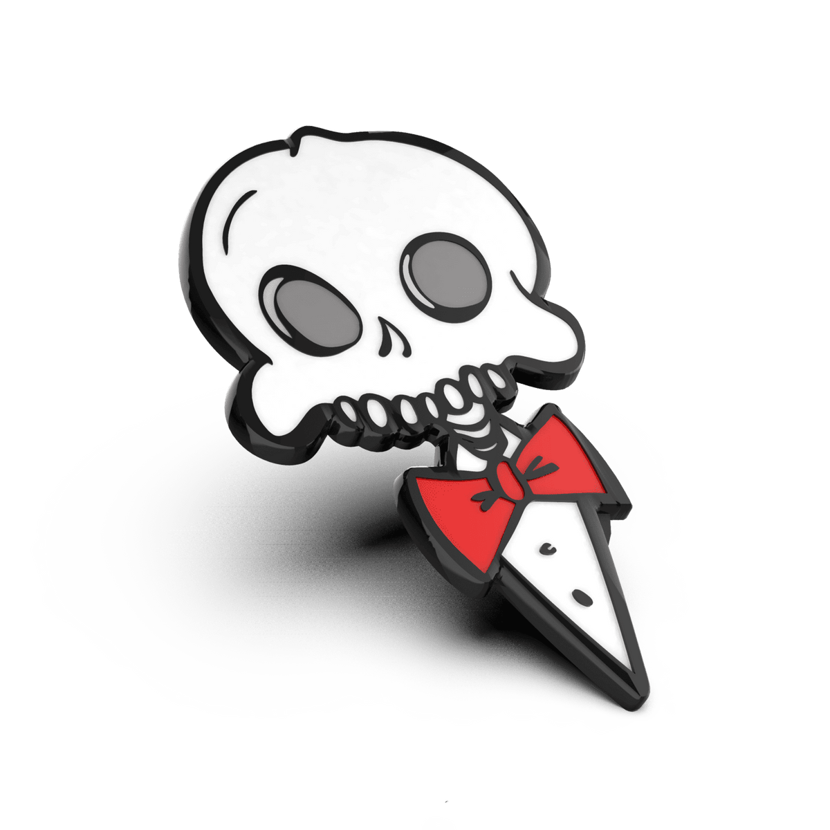 Enamel pin of a stylized skull wearing a red bow tie, designed in a cartoon style with bold black outlines.