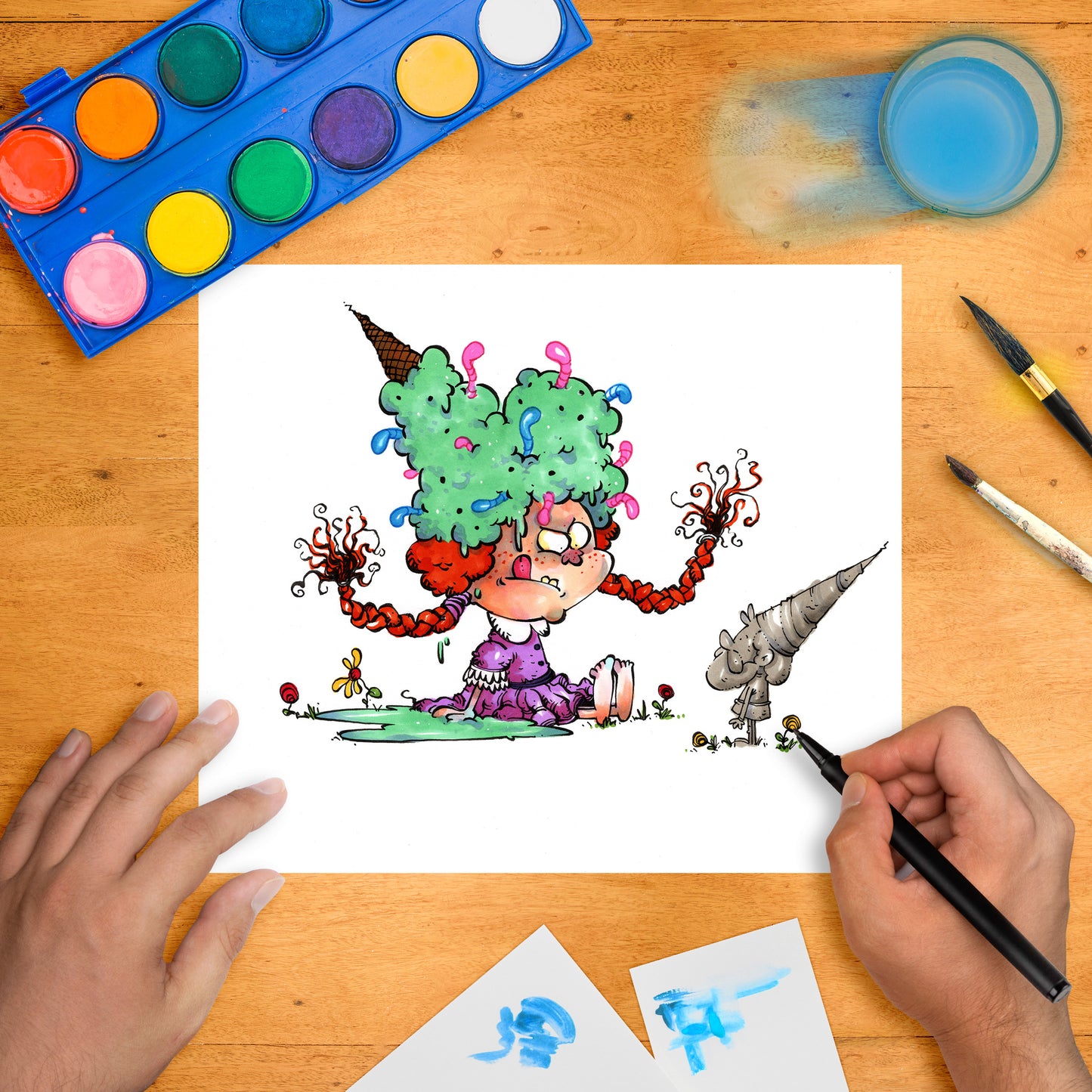 Playful scene of a little girl with green ice cream hair confronting a tiny snail knight holding a drill-shaped weapon.