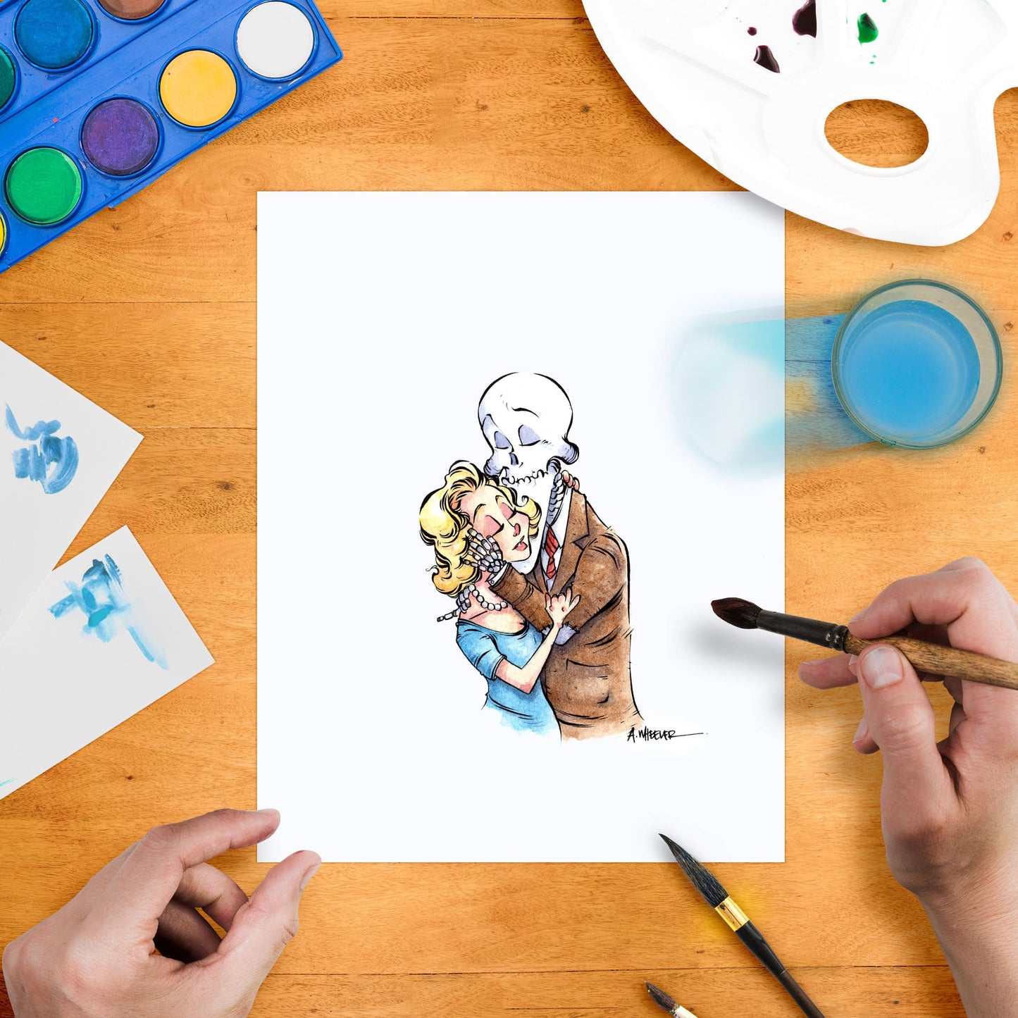 Original watercolor illustration of a cartoonish couple, with ink and watercolor paints on a drawing board.