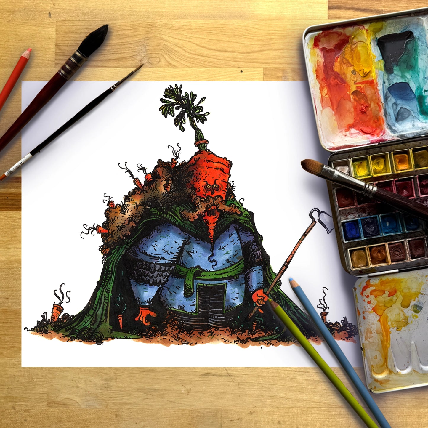 A fantasy illustration of a cloaked armored figure with a tree-like head and red face, shown on a white sheet of paper surrounded by paintbrushes, watercolor paints, and a paint palette on a wooden surface.
