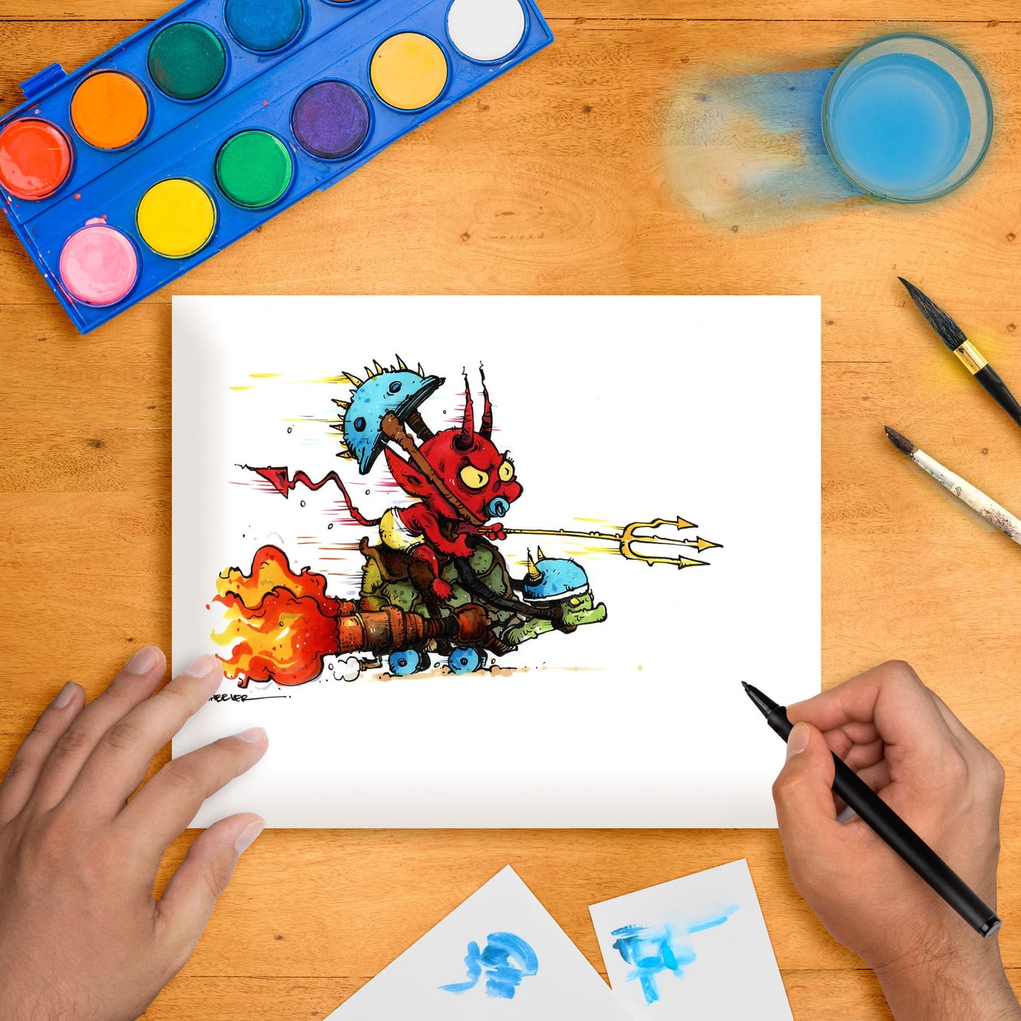 Original marker illustration of a colorful turtle-like creature with a cartoon style, placed on a table with art supplies around it.