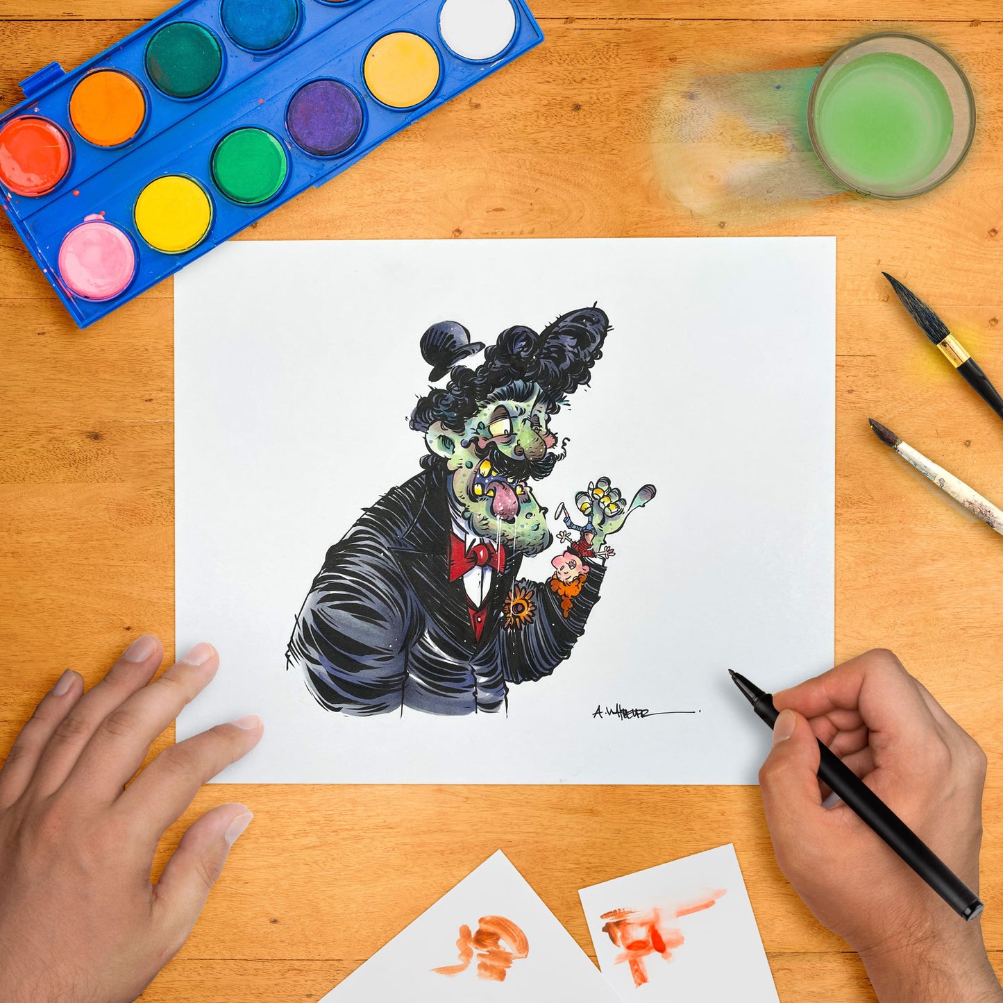 Original art “Dinner Time” by Anthony Wheeler — quirky marker & ink illustration of an unconventional dinner scene with exaggerated characters.