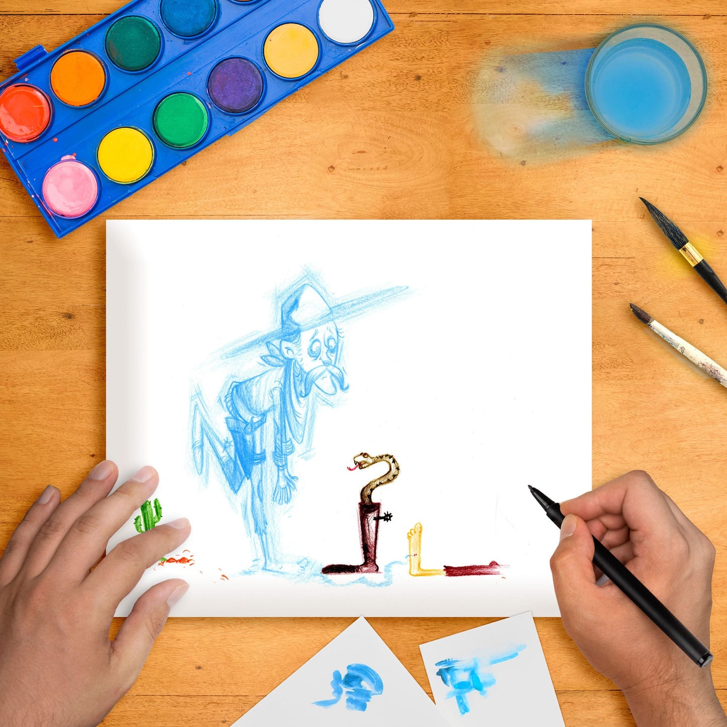 An original marker illustration on paper depicting a ghost cowboy, surrounded by various art supplies like paintbrushes and ink pads.