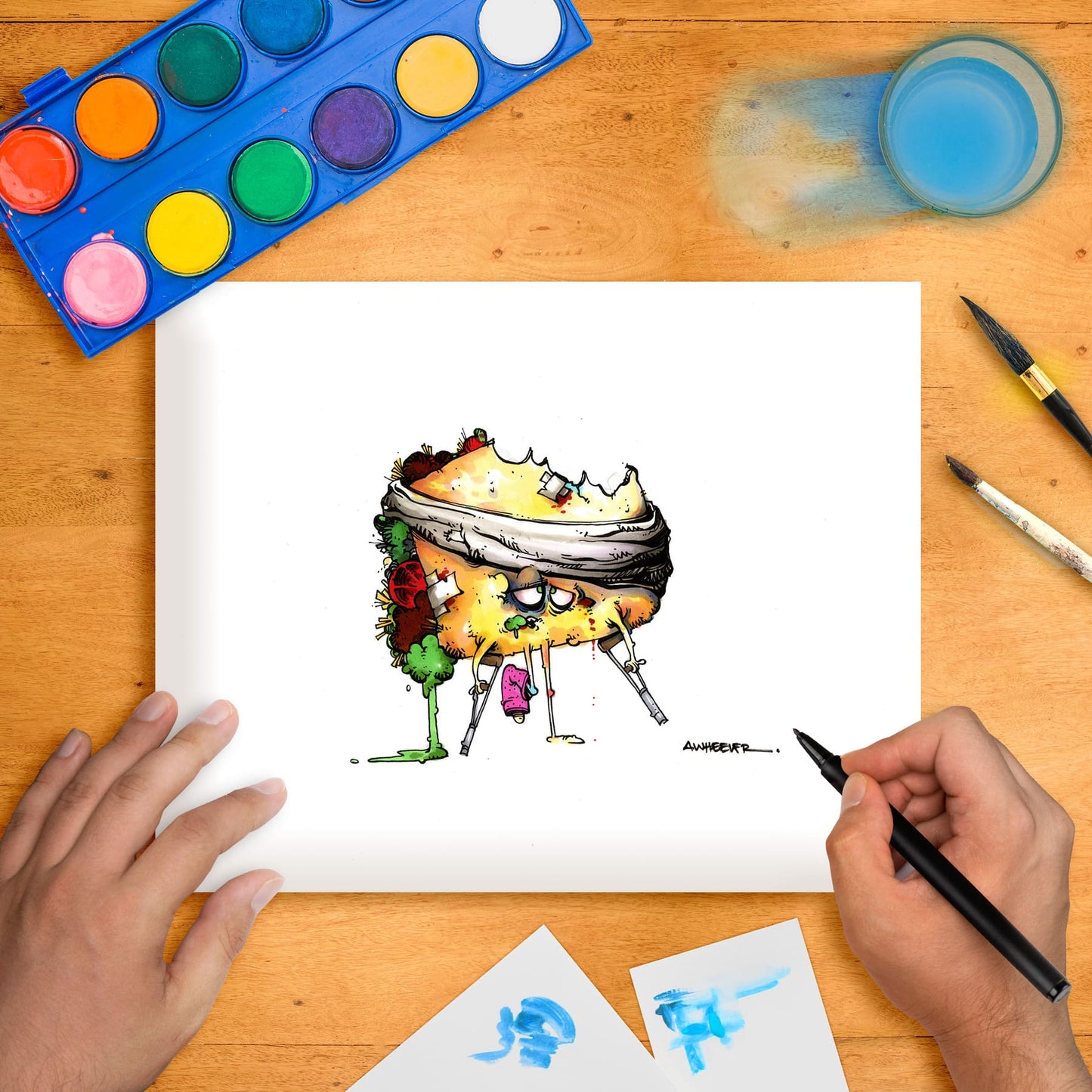 Original marker illustration artwork on paper, depicting a whimsical character resembling a taco with additional playful attributes.
