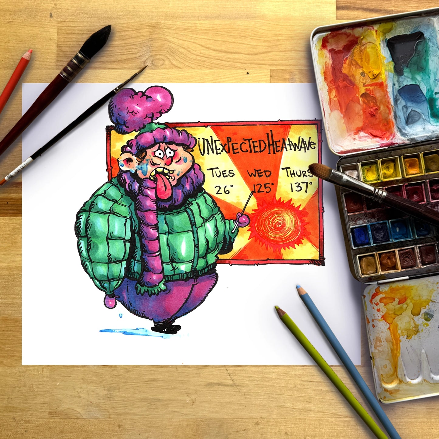 A colorful watercolor painting of a cartoon character in a winter coat holding a sign that reads 'UNEXPECTED HEAVEN' is displayed on a sheet of paper, styled on a wooden desk with paintbrushes, a watercolor palette, and colored pencils.