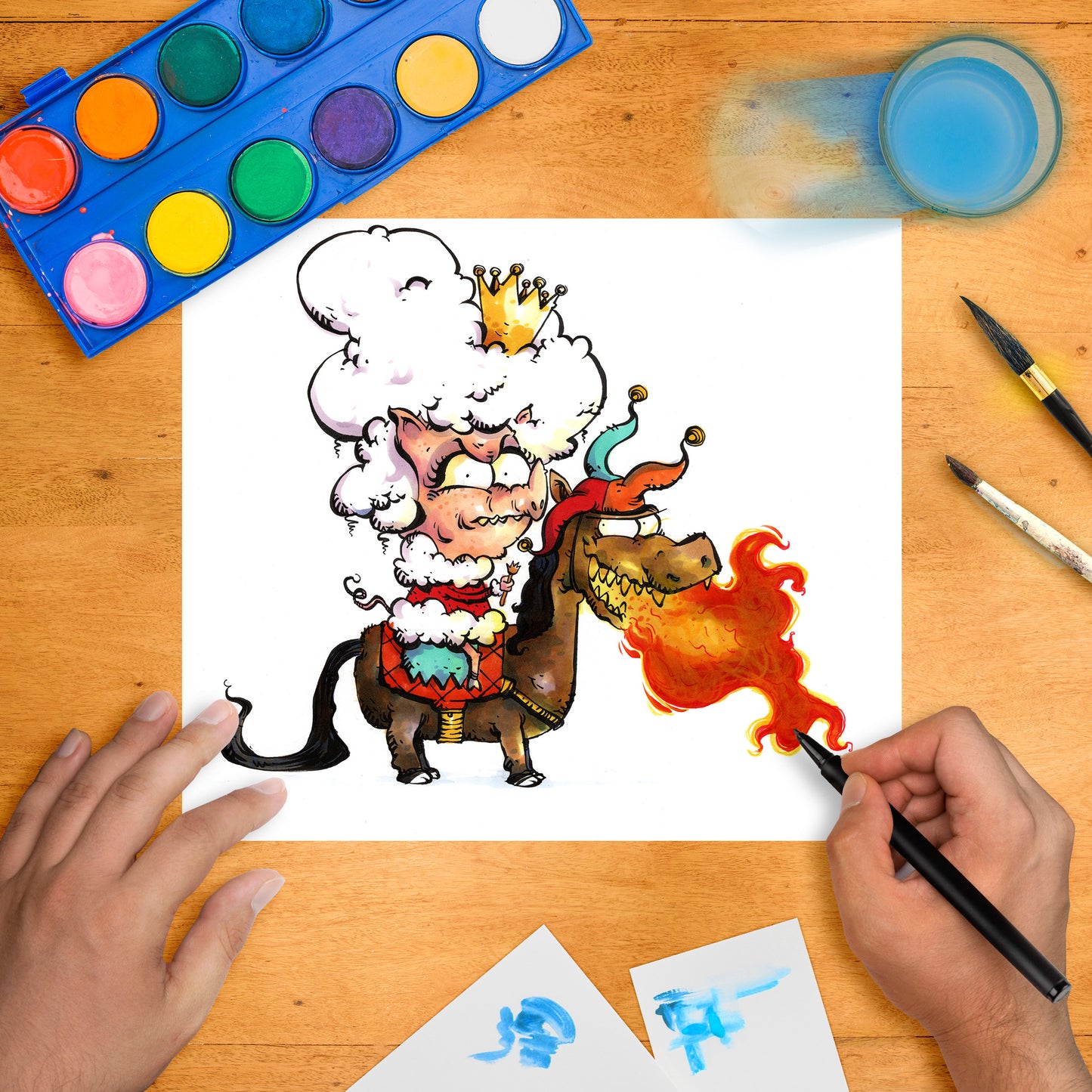 Hand-drawn whimsical illustration of a regal pig with a fluffy white wig and crown, riding a small dragon-like creature breathing fire.
