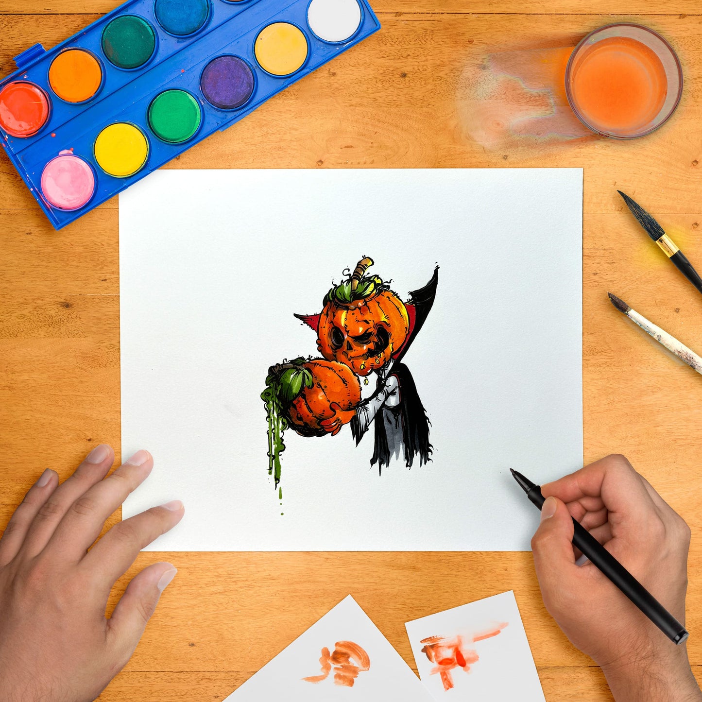 Original art “Pumpkin Blood-Sucker Vampire” by Anthony Wheeler — playful Halloween themed illustration of vampire with pumpkin head, marker & ink on paper.
