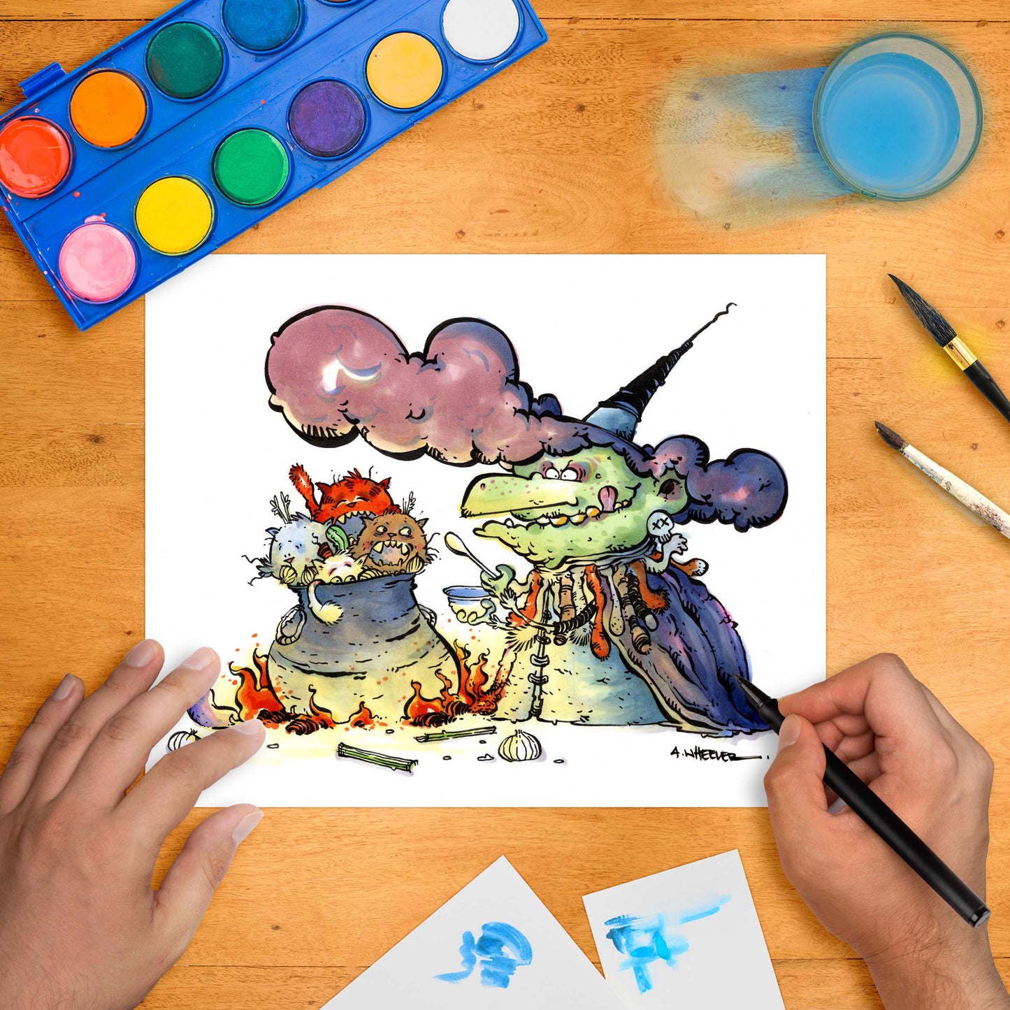 Witchy cartoon character cooking a pot full of angry cats under a thick cloud of purple smoke.