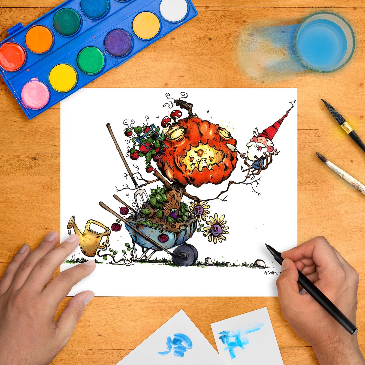 A twisted fairy tale pumpkin house growing out of a wheelbarrow with mischievous garden gnomes.