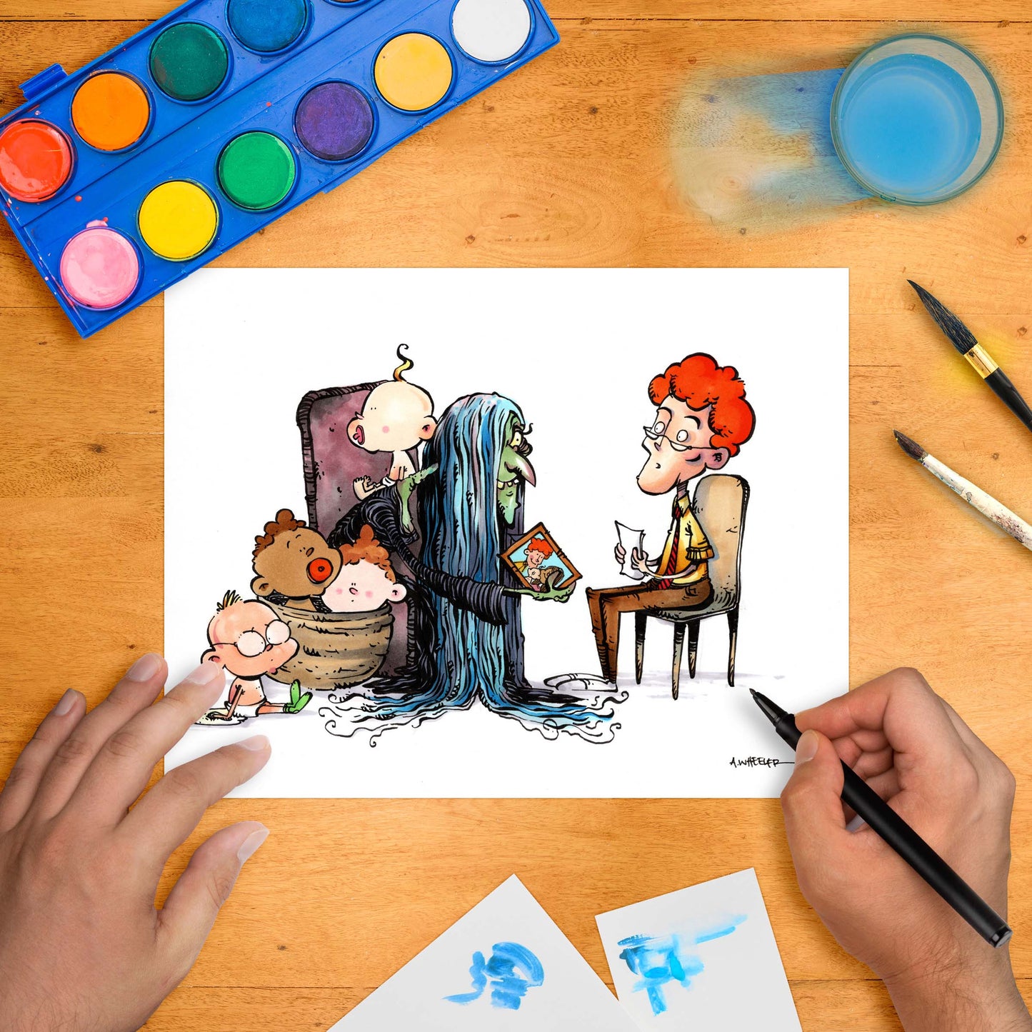 Creepy monster with long blue hair in a counseling session with a red-haired child holding a drawing.