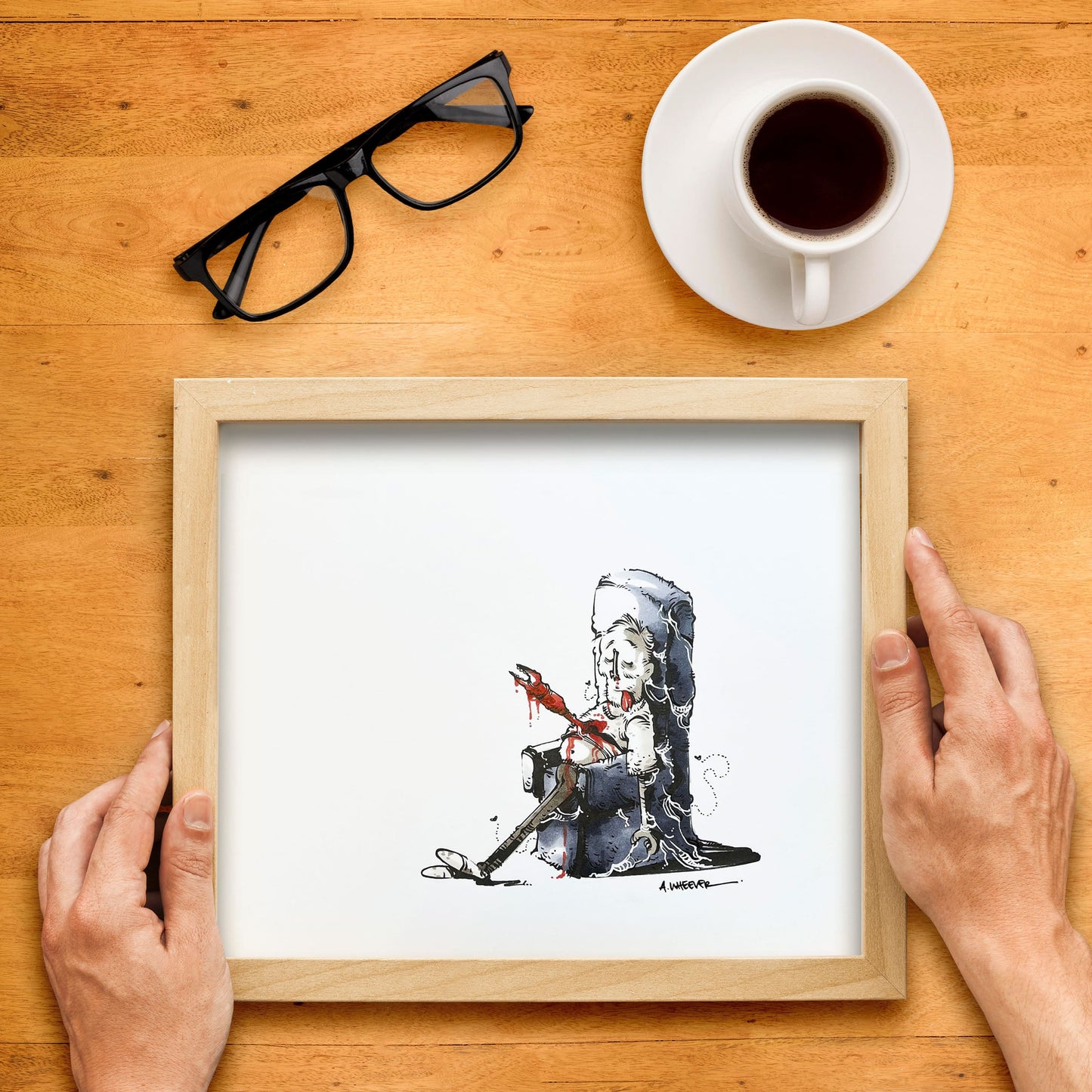 Original illustration “Tough Day at the Office” by Anthony Wheeler — marker & ink character slumped at a messy desk, comical scene of stressful workday.