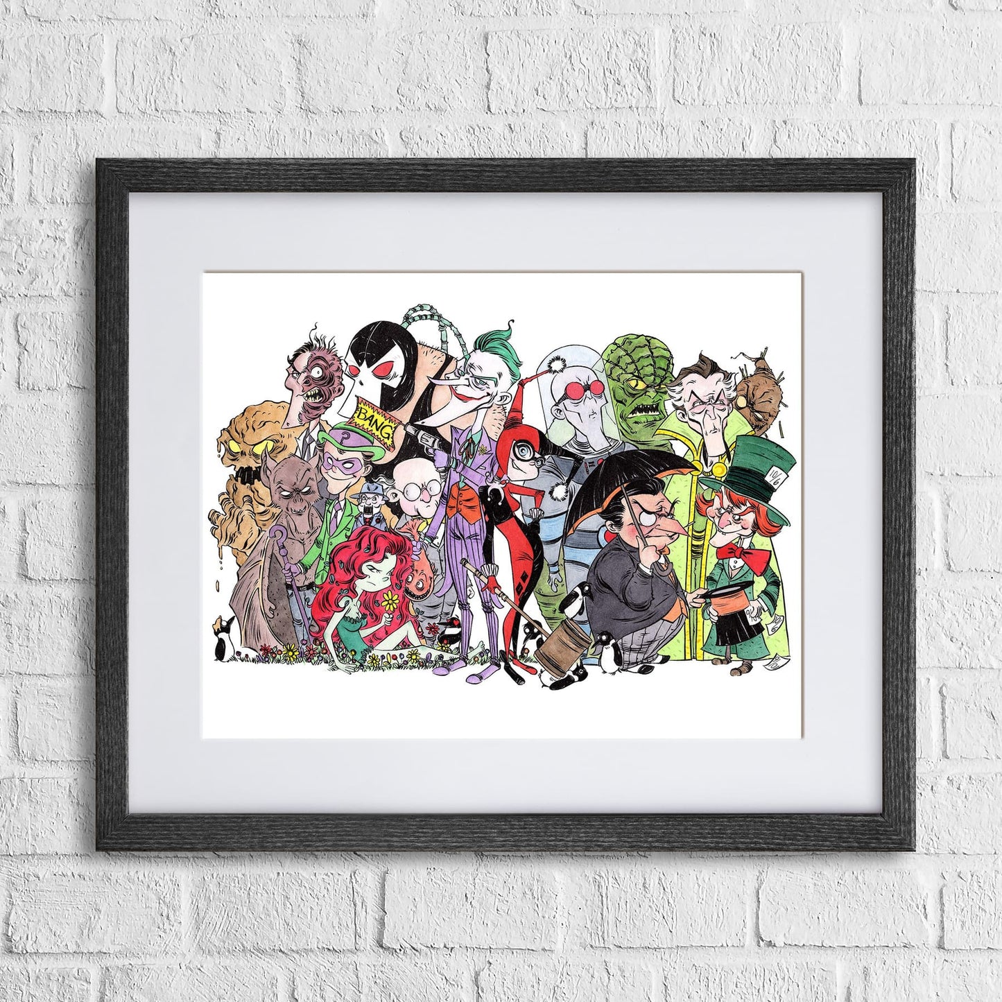 A framed watercolor print featuring a collection of stylized, cartoon-like characters, primarily in black and white with some color accents.