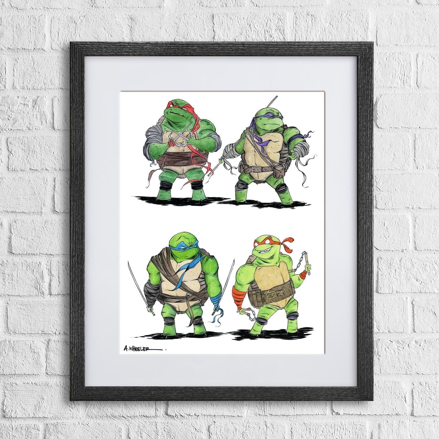 A framed watercolor print featuring cartoon-style tortoises with a deluxe adolescent deviant commando theme, displayed on a brick wall.