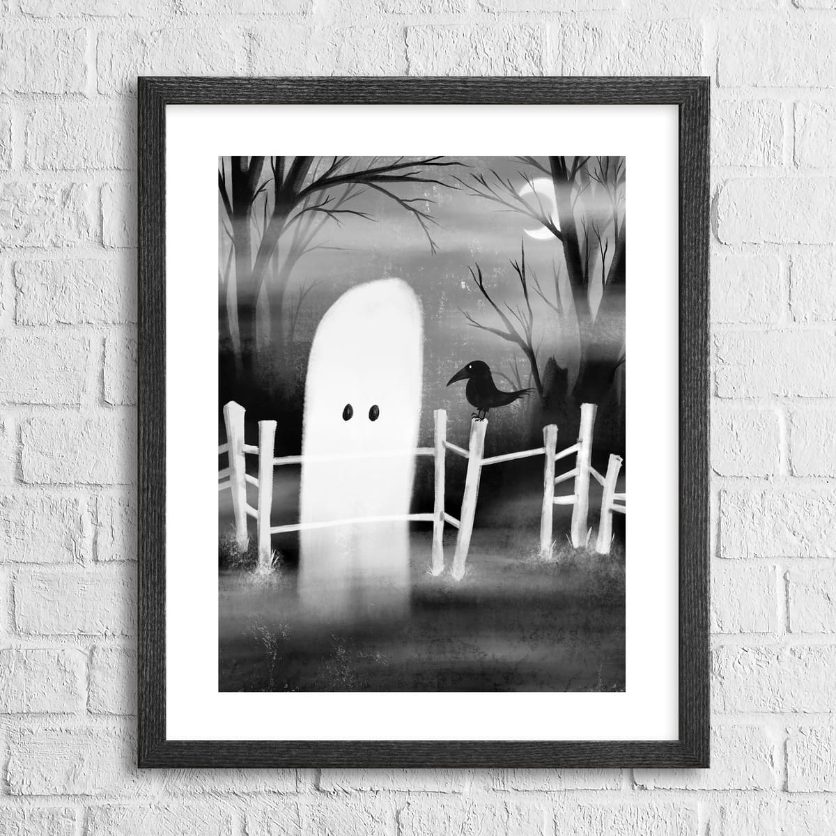 A sorrowful ghost lingers by a moonlit forest fence, finding quiet companionship in a friendly raven perched nearby.