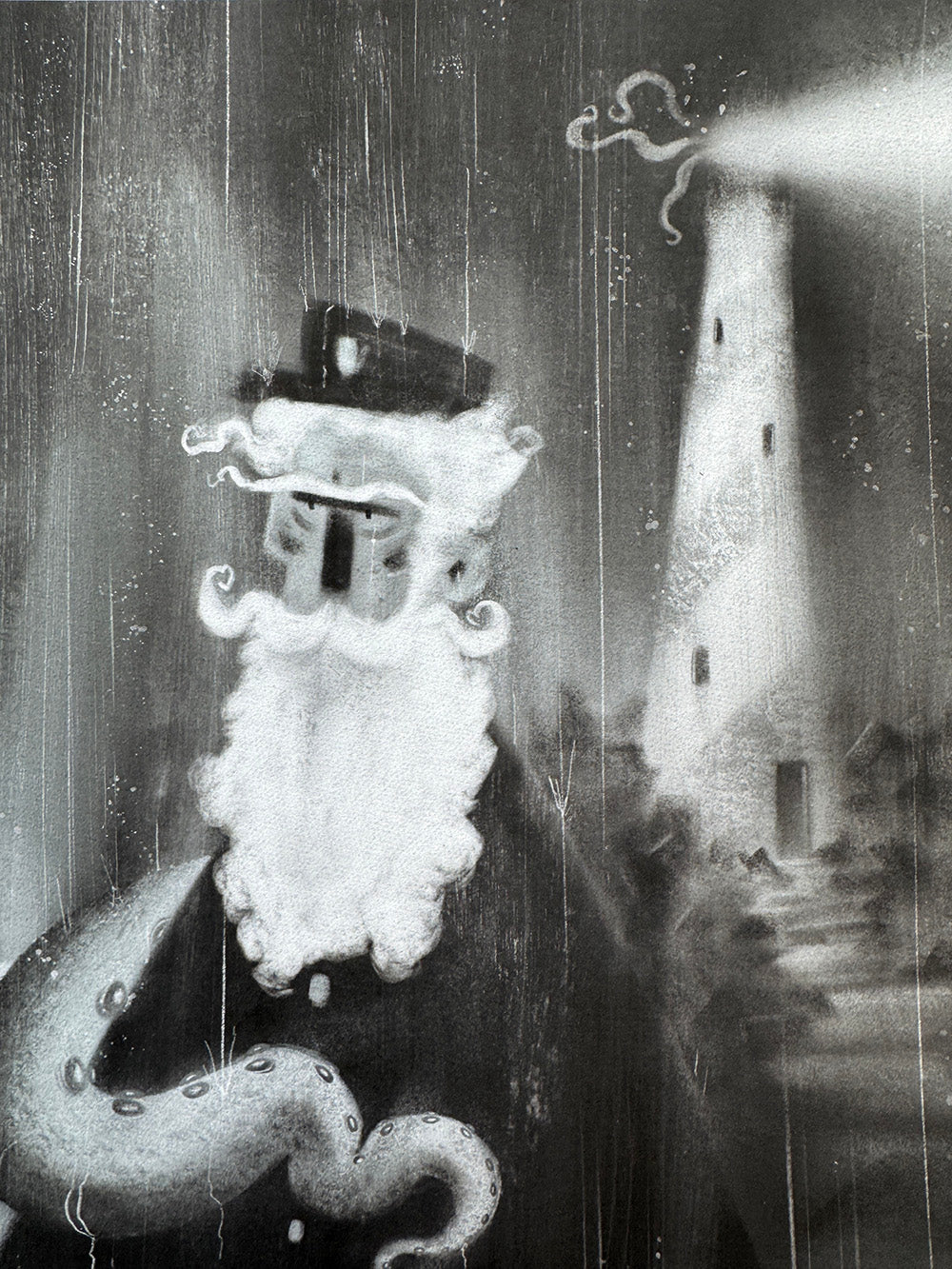 Close-up detail of Lighthouse Keeper illustration showing tentacled sea creature and lighthouse in rain.