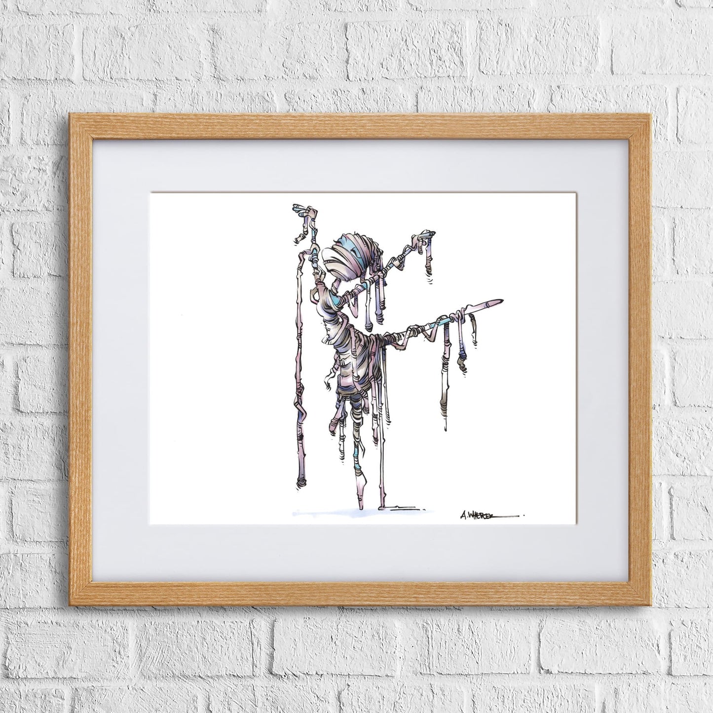 A framed watercolor print of a mummy in an arabesque pose, with visible drip lines and a gray background.