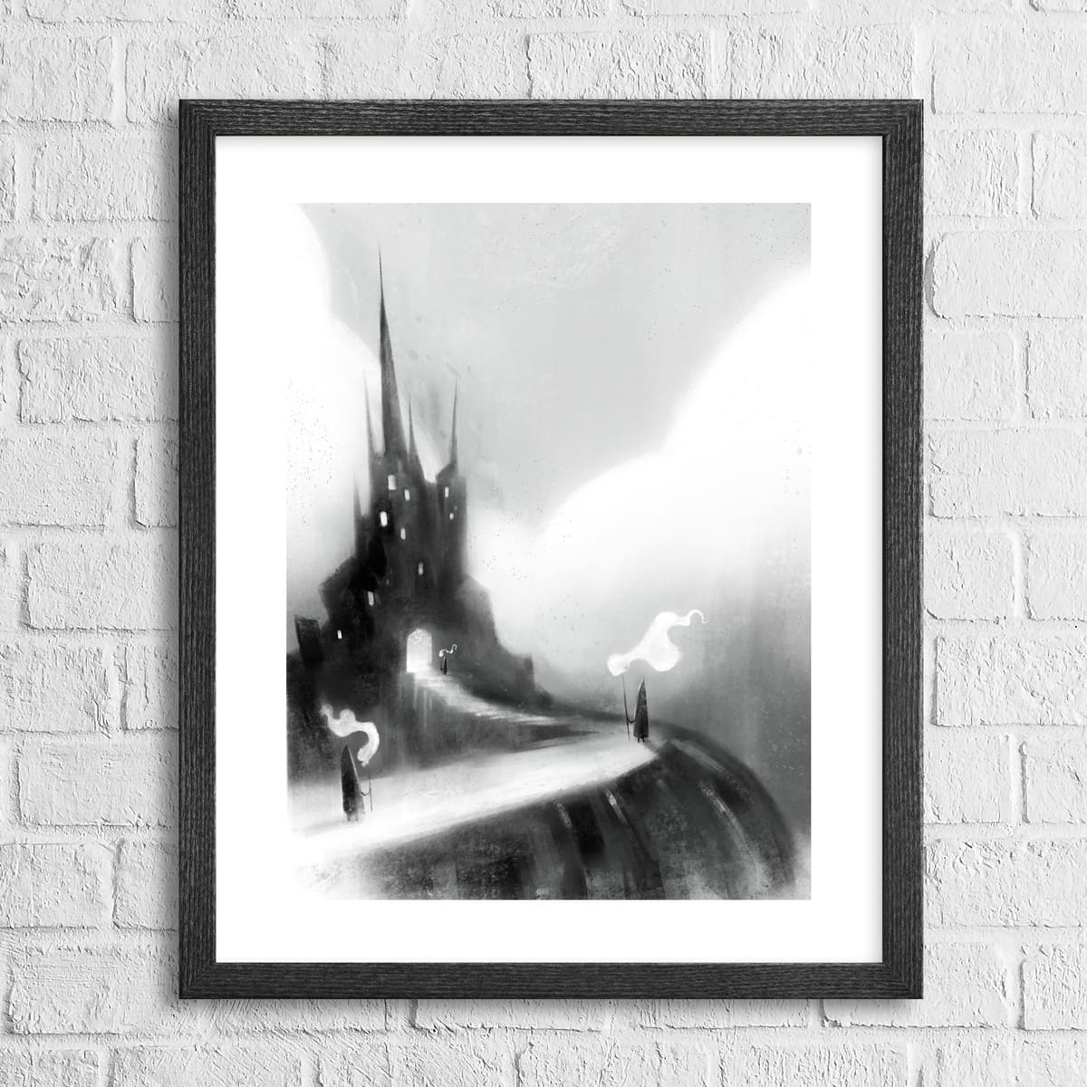 A fine art print featuring a grayscale illustration of a haunted citadel with a castle, towers, and torches, framed in a black frame.