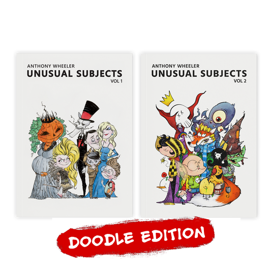 Bundle featuring the Doodle Edition of Anthony Wheeler's Unusual Subjects Vol. 1 and Vol. 2 art books, with each signed copy including a unique original hand-drawn sketch inside the front cover.