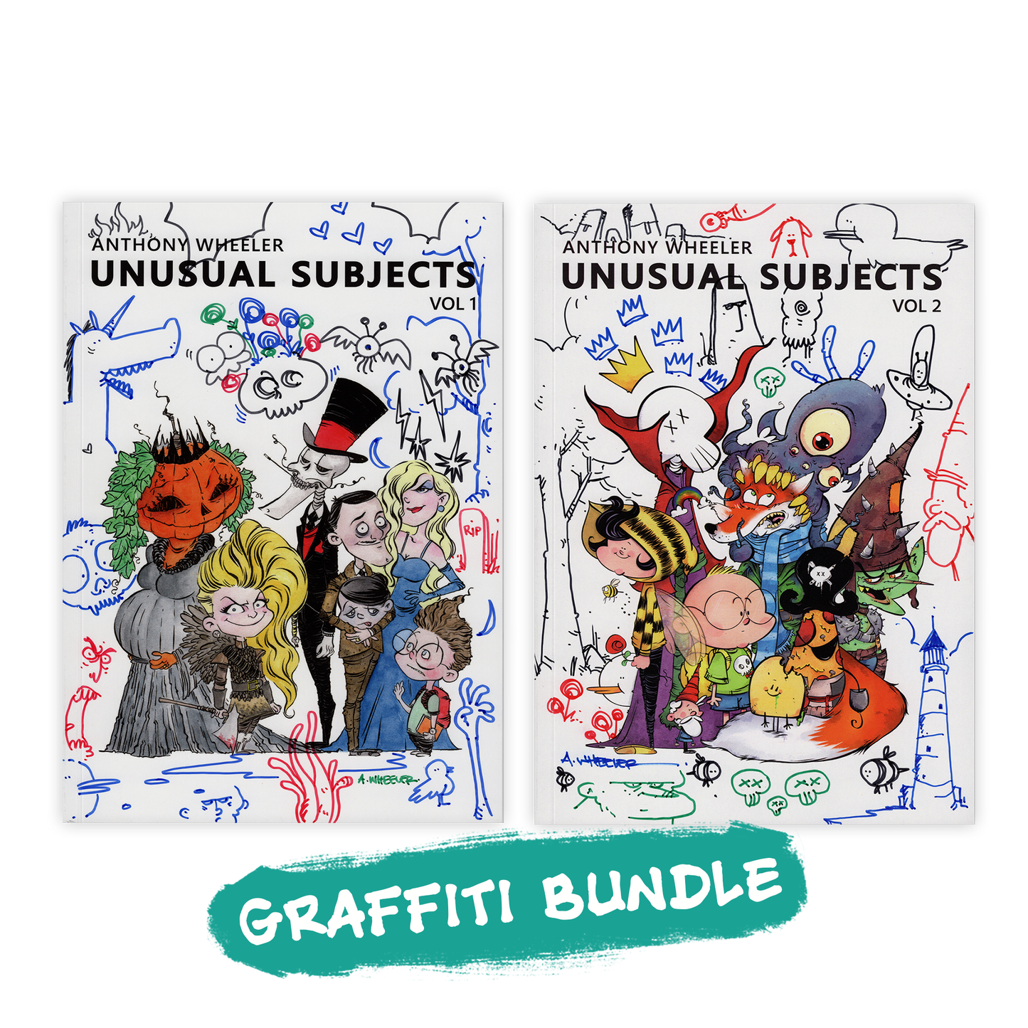 Bundle featuring the Graffiti Editions of Anthony Wheeler's Unusual Subjects Vol. 1 and Vol. 2 art books, each signed and decorated with unique hand-drawn graffiti artwork, making every pair one of a kind.
