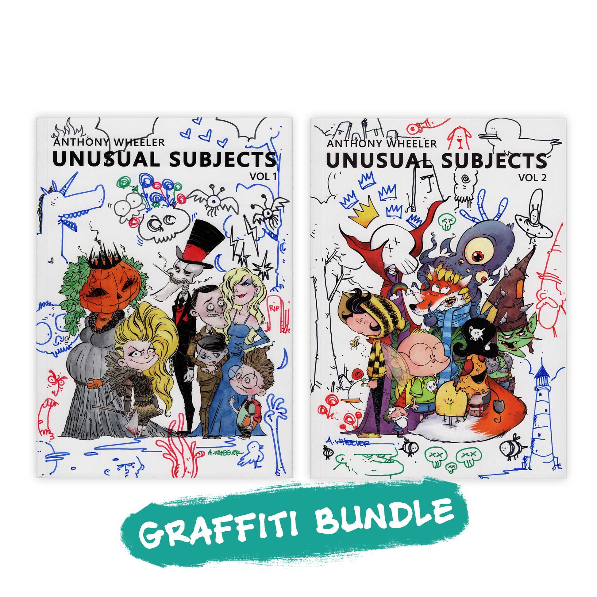 Bundle featuring the Graffiti Editions of Anthony Wheeler's Unusual Subjects Vol. 1 and Vol. 2 art books, each signed and decorated with unique hand-drawn graffiti artwork, making every pair one of a kind.