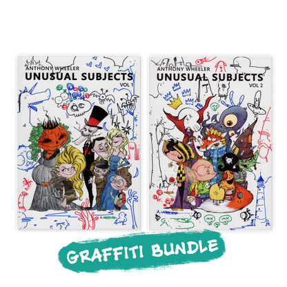 Bundle featuring the Graffiti Editions of Anthony Wheeler's Unusual Subjects Vol. 1 and Vol. 2 art books, each signed and decorated with unique hand-drawn graffiti artwork, making every pair one of a kind.