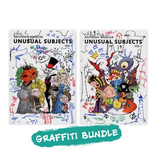 Bundle featuring the Graffiti Editions of Anthony Wheeler's Unusual Subjects Vol. 1 and Vol. 2 art books, each signed and decorated with unique hand-drawn graffiti artwork, making every pair one of a kind.