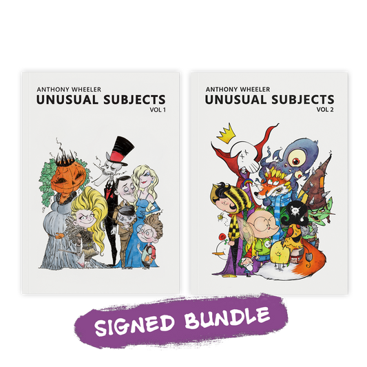 Unusual Subjects Vol. 1 and Vol. 2 art book bundle by Anthony Wheeler shown side by side with illustrated character cover art.