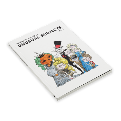 Angled view of Unusual Subjects Vol. 1 art book by Anthony Wheeler featuring colorful illustrated characters on the cover.