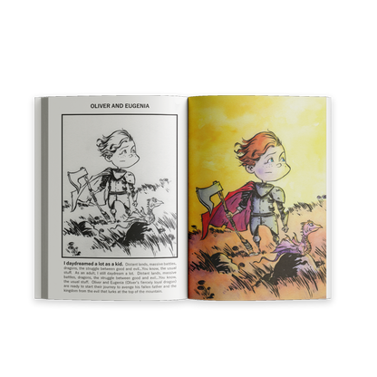 Open spread from Unusual Subjects Vol. 1 featuring "Oliver and Eugenia" with sketches, watercolor artwork, and artist commentary.