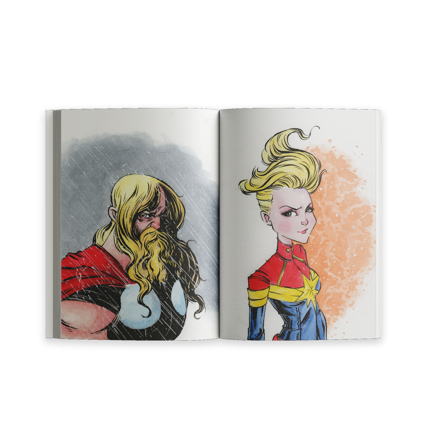 Open spread from Unusual Subjects Vol. 1 featuring stylized illustrations inspired by Thor and Captain Marvel.