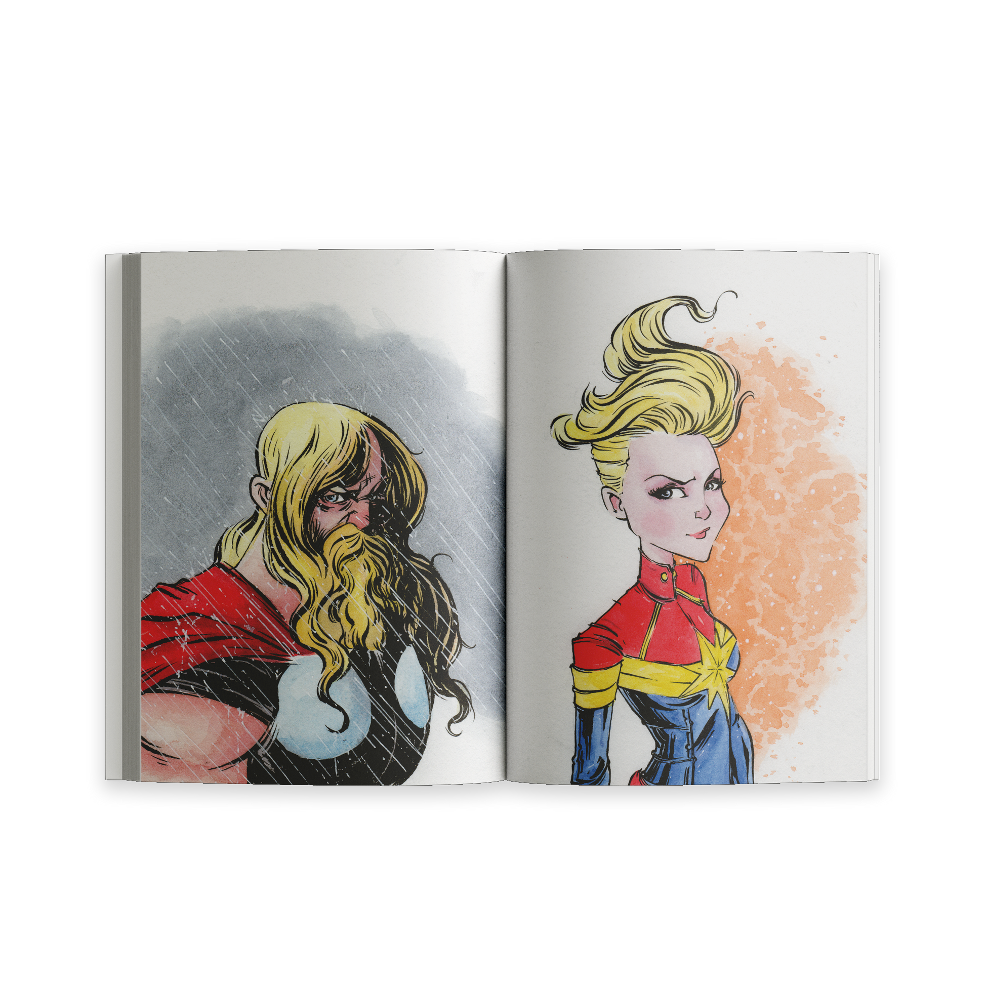 Open spread from Unusual Subjects Vol. 1 featuring stylized illustrations inspired by Thor and Captain Marvel.