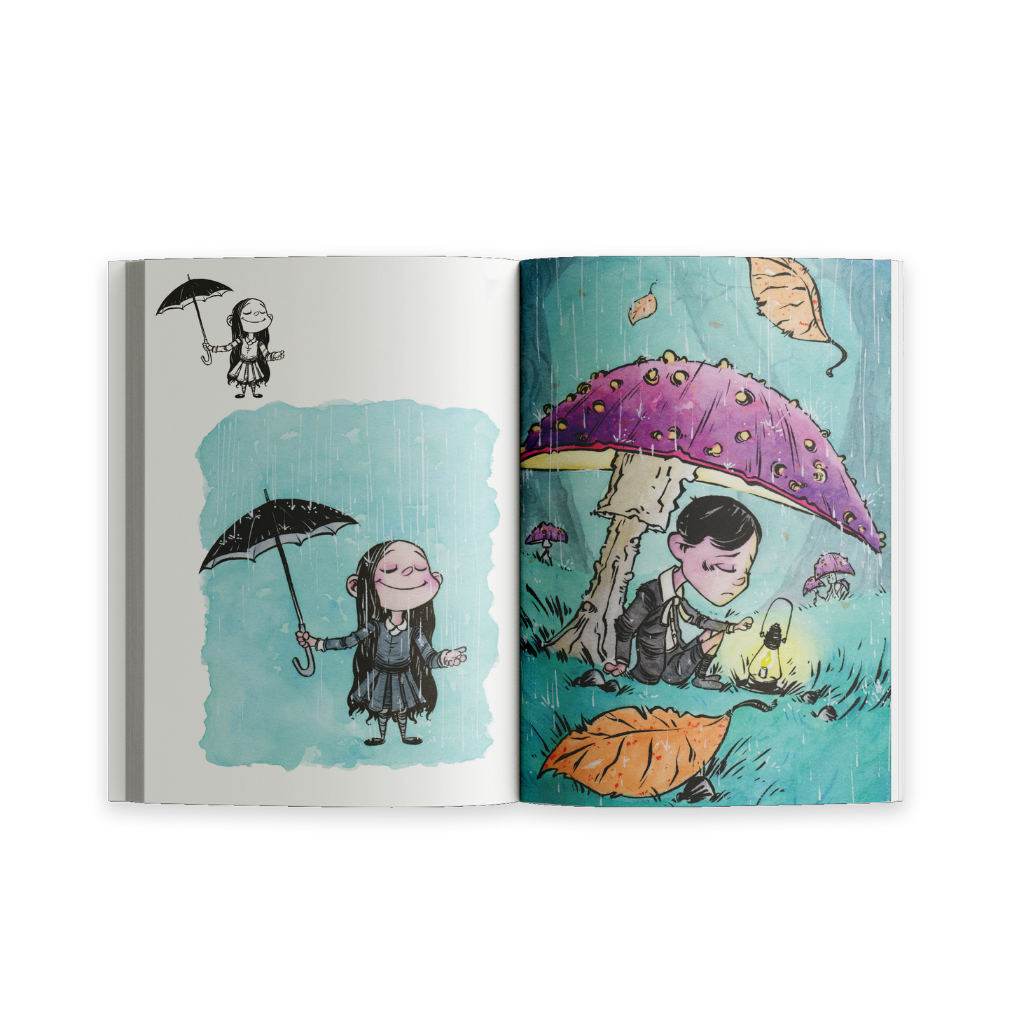 Open spread from Unusual Subjects Vol. 1 featuring a Wednesday-inspired character and a whimsical mushroom forest illustration.