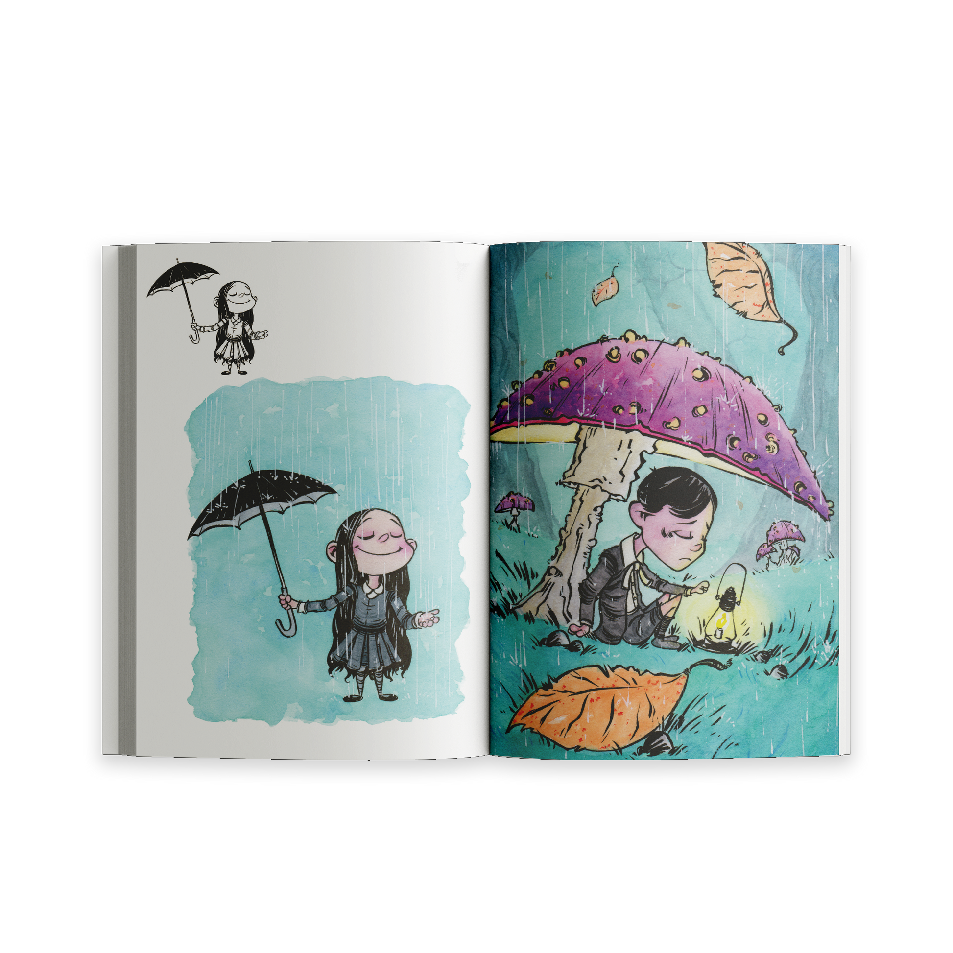 Open spread from Unusual Subjects Vol. 1 featuring a Wednesday-inspired character and a whimsical mushroom forest illustration.
