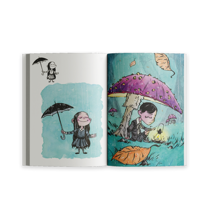 Open spread from Unusual Subjects Vol. 1 featuring a Wednesday-inspired character and a whimsical mushroom forest illustration.